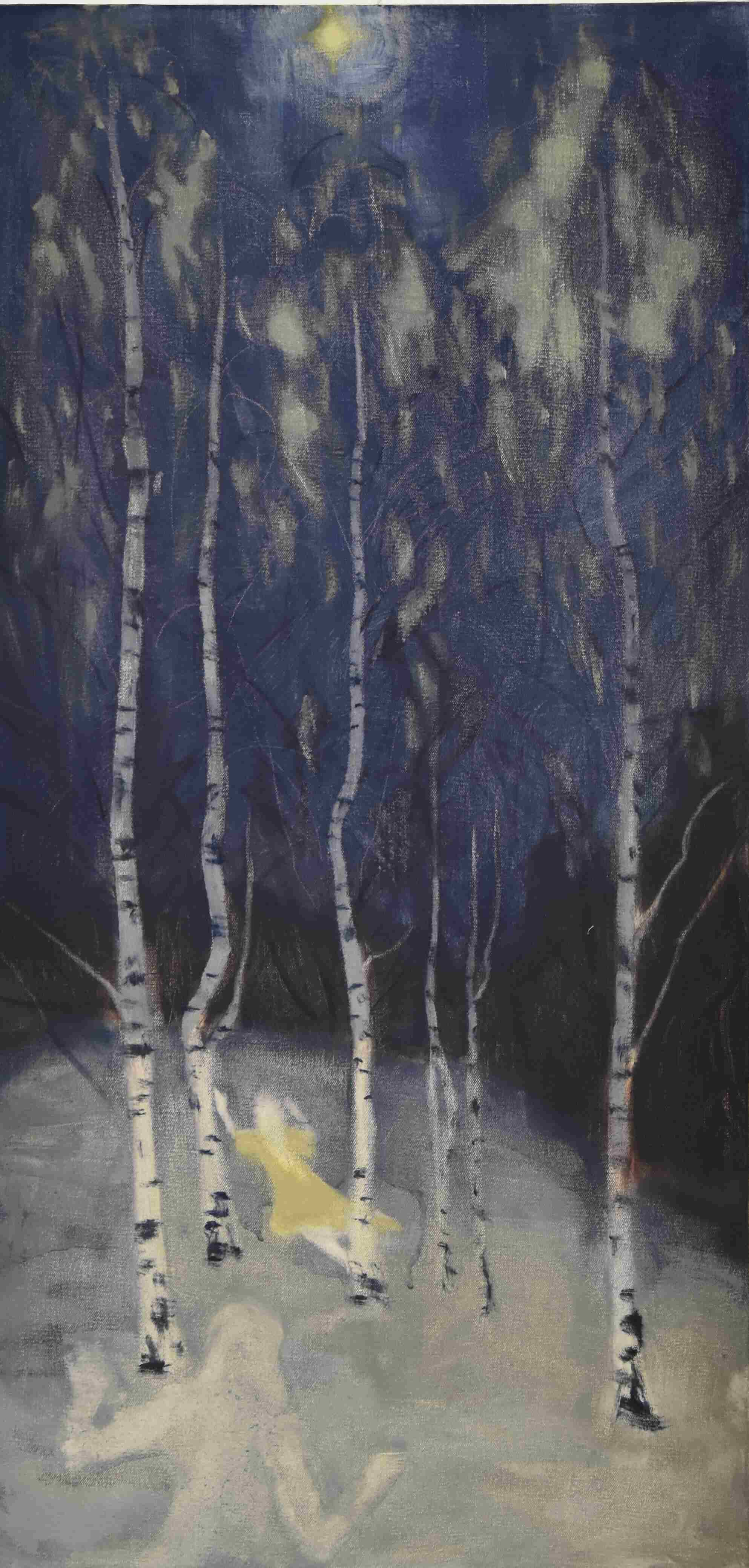 birch trees, star, running figures