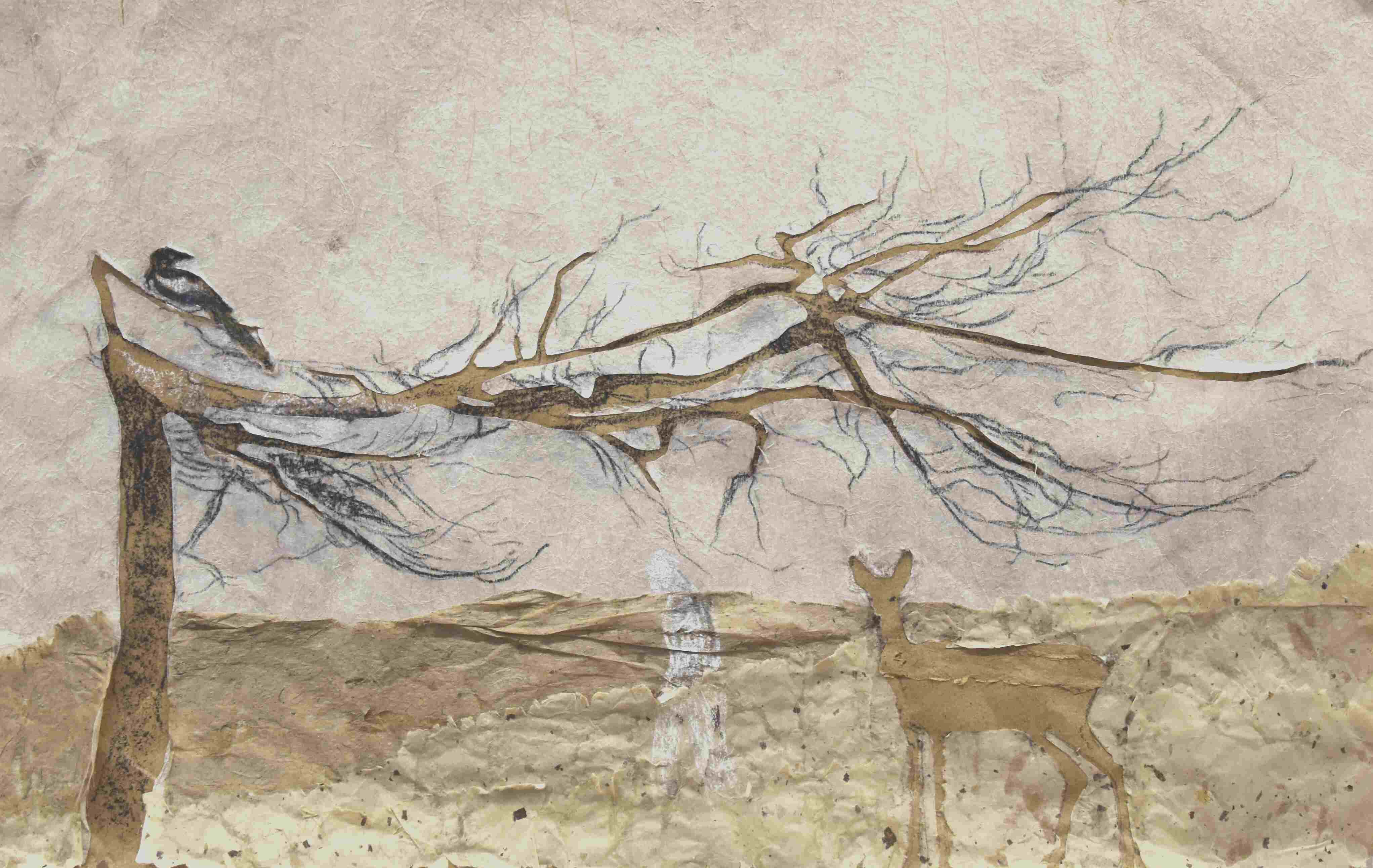 collage of tree, deer and magpie