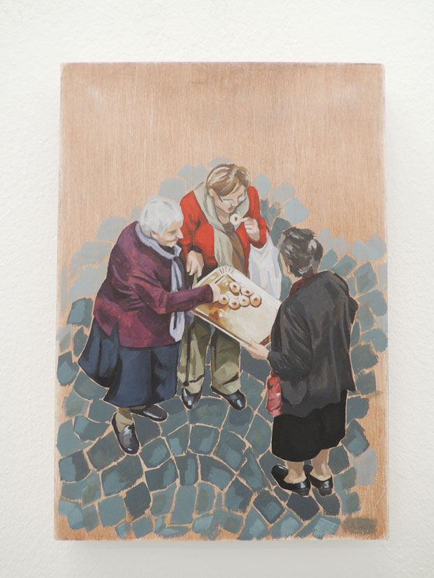 Image of a painting of 3 ladies standing with a donut tray