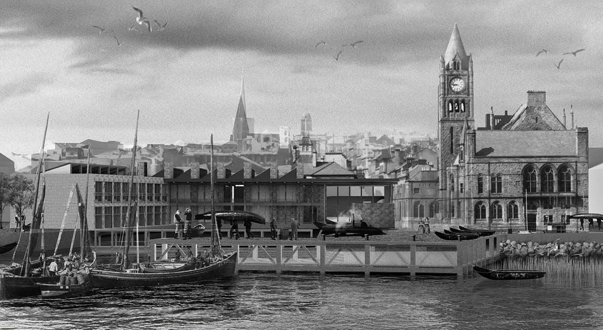 Exterior perspective of the People's Archive of the Foyle seen from the river at high tide
