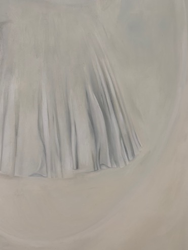 Close-up shot of painting depicting a faded, pleated skirt-like garment.