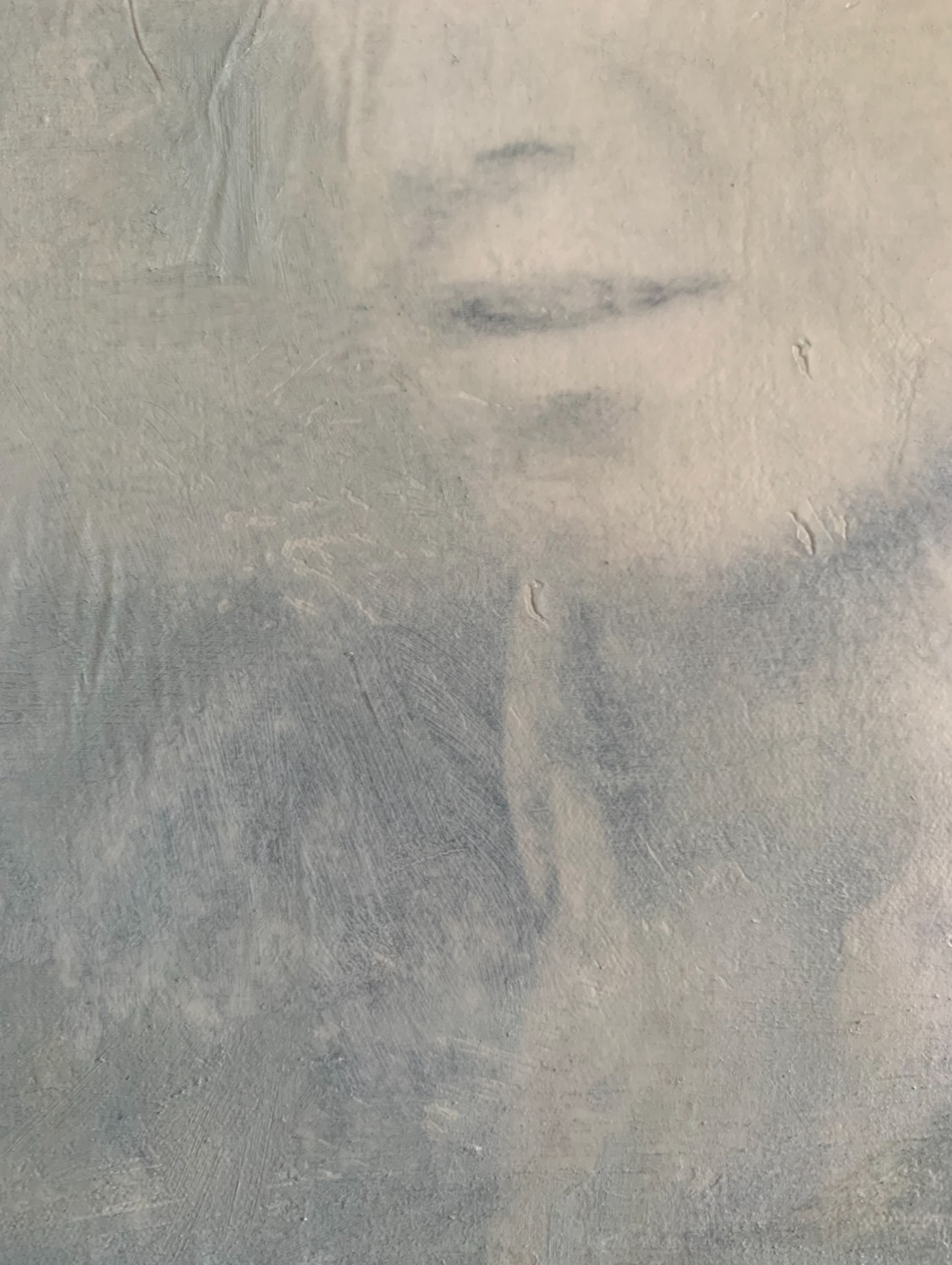Close-up shot of portrait painting in muted, desaturated hues.