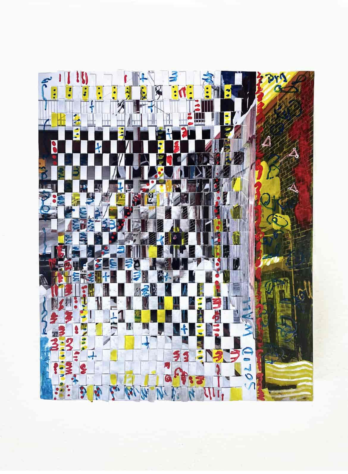 Dots, March 2025, 25 x 21 cm, woven prints on 220gsm card, acrylic paint, embroidery thread, mounted on wooden block.