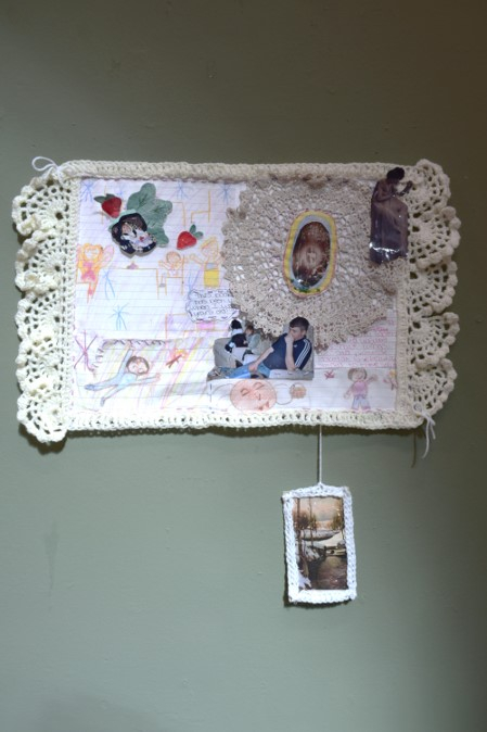 ‘ The invitation’ fabric collage with crocheted adornment, 16 x 10.8 inches  2025