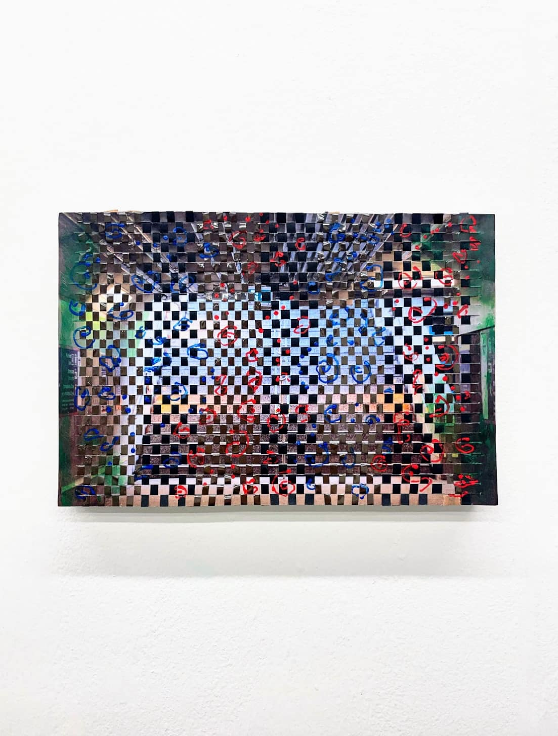 Tunnel vision, March 2025, 17 x 25.5 cm, woven print on 220gsm card, acrylic paint, audio tape, black card, mounted on wooden block.