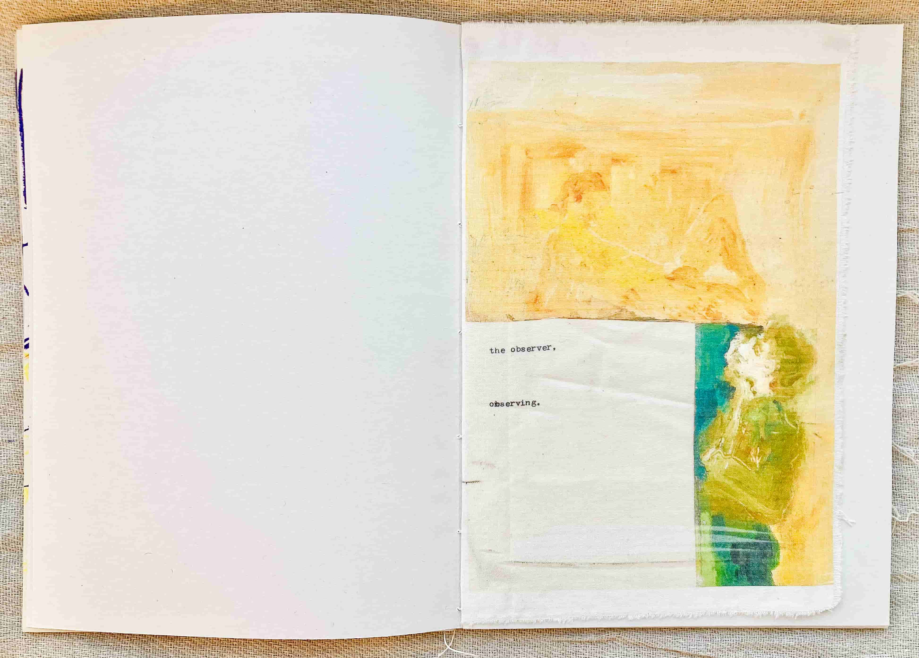 Open page of a book, depicting a painting on fabric of one man looking at another naked man. A small piece of typewritten text reads "the observer, observing"