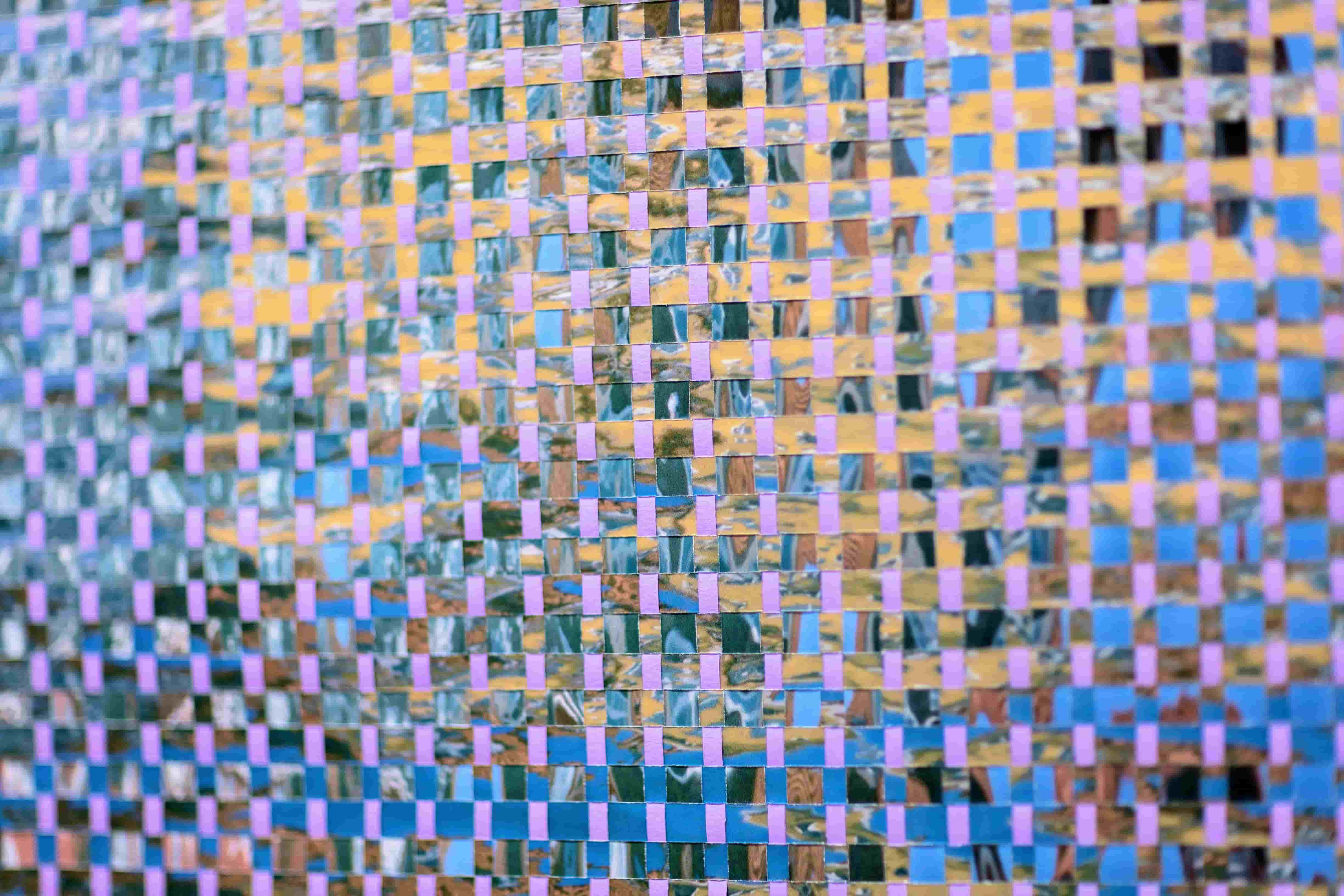 'Minor interruptions' details, February 2025, 59 x 42 cm, woven inkjet prints on satin paper with coloured card, mounted in wooden frame, image credit to Ewan Bootman.