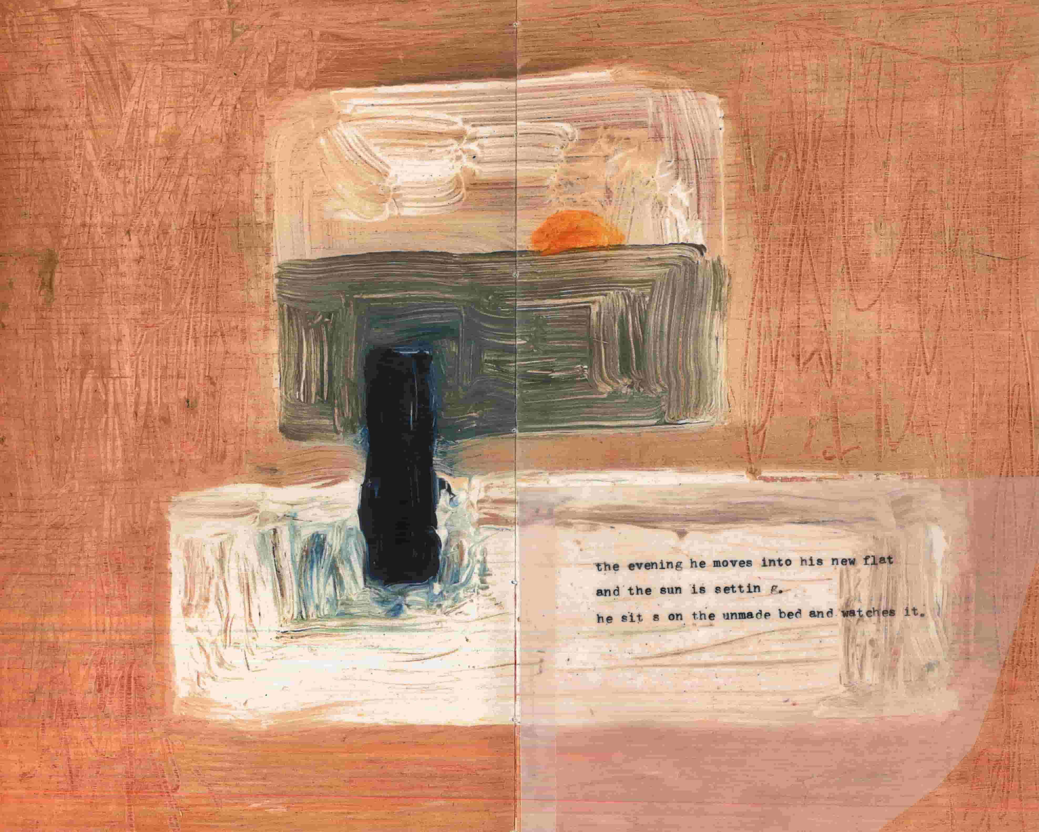 The open page of a book, showing an abstract painting of blocks and a piece of writing 