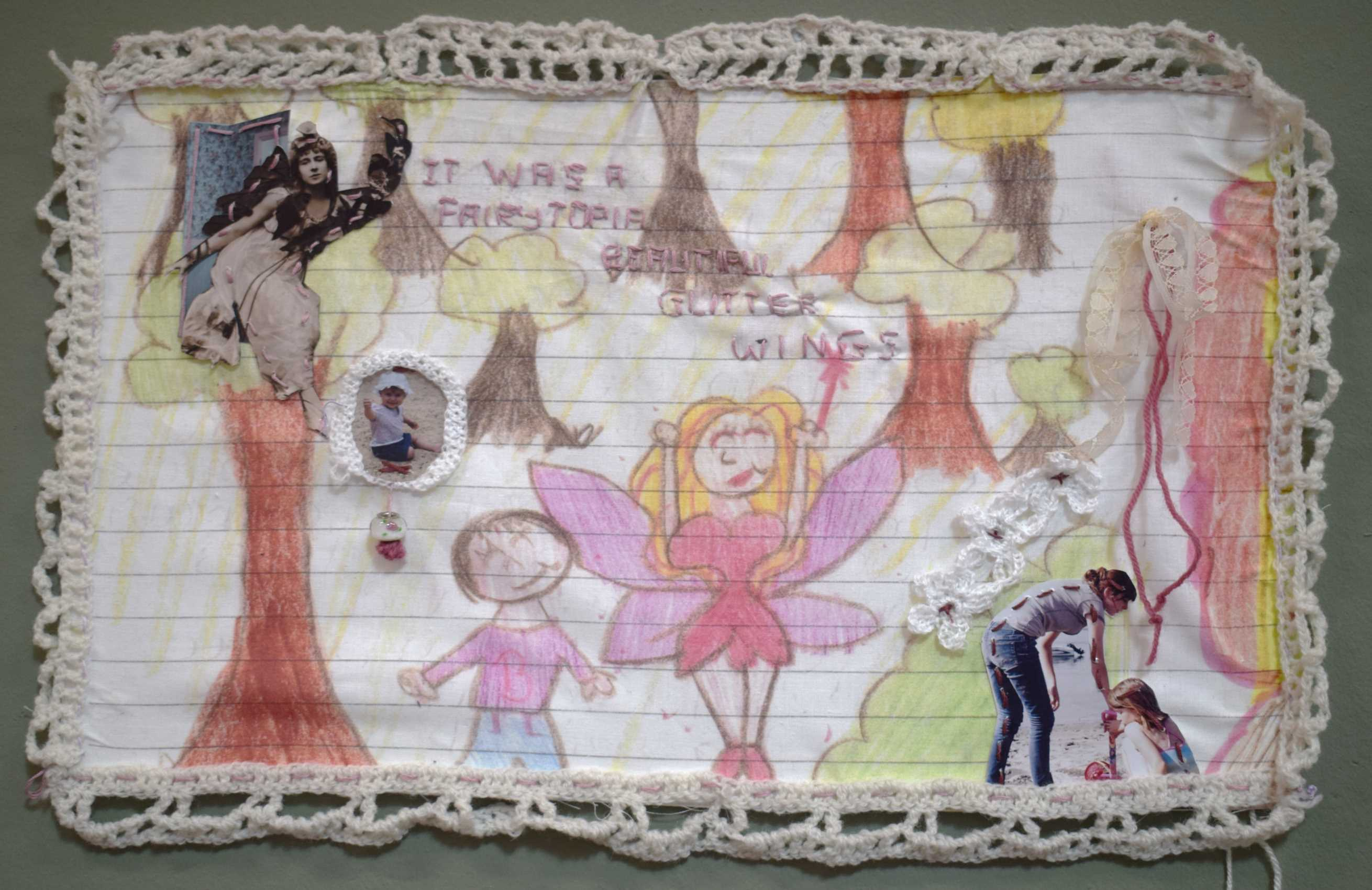 ‘It was a Fairytopia’, fabric collage with crocheted adornment, 16 x 10.8 inches 2025