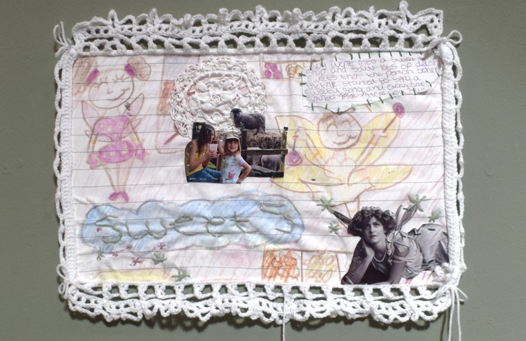 ‘The magic sweet shop’, fabric collage with crocheted adornment, 16 x 10.8 inches 2025