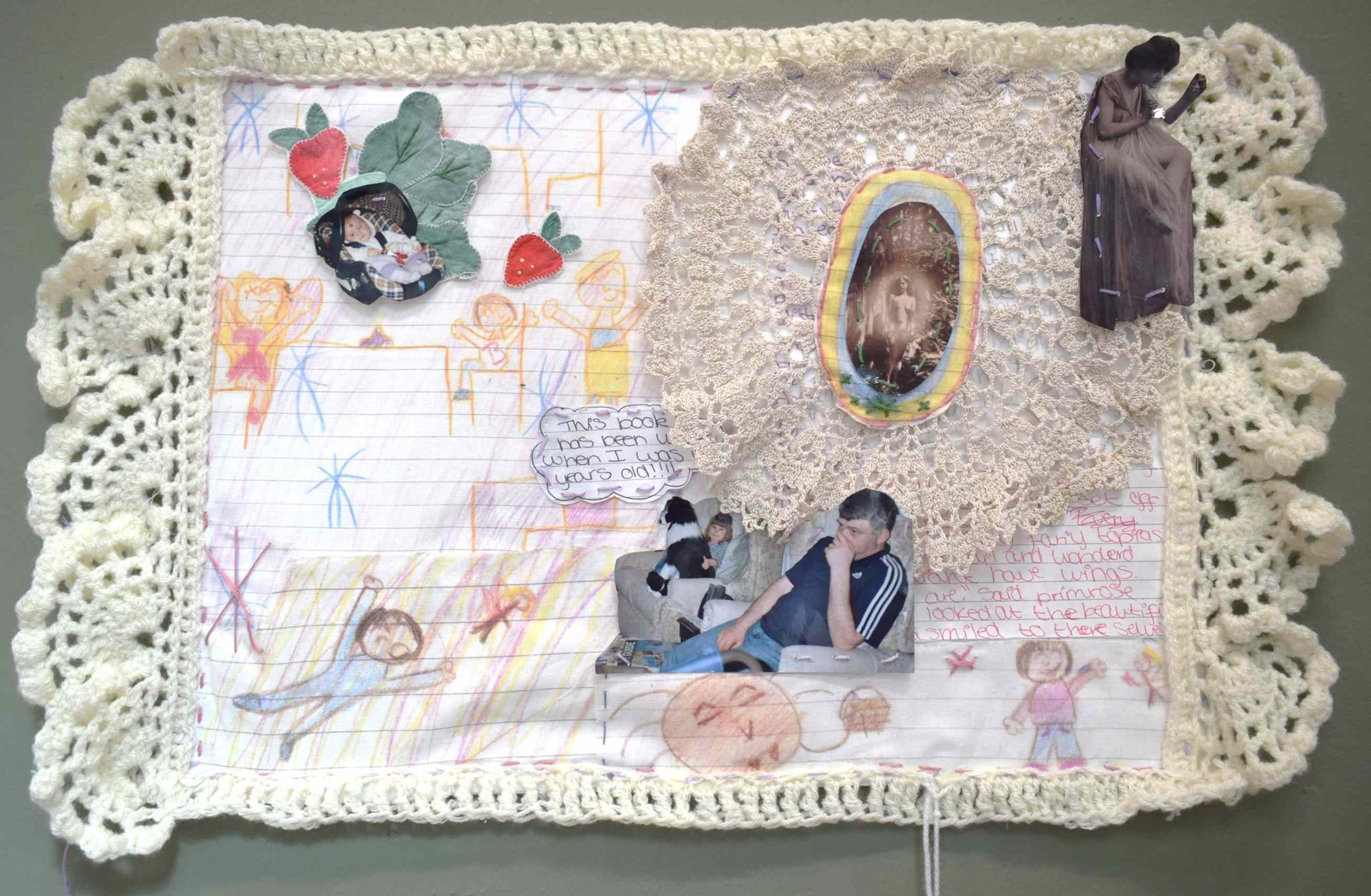 ‘ The invitation’ fabric collage with crocheted adornment, 16 x 10.8 inches  2025