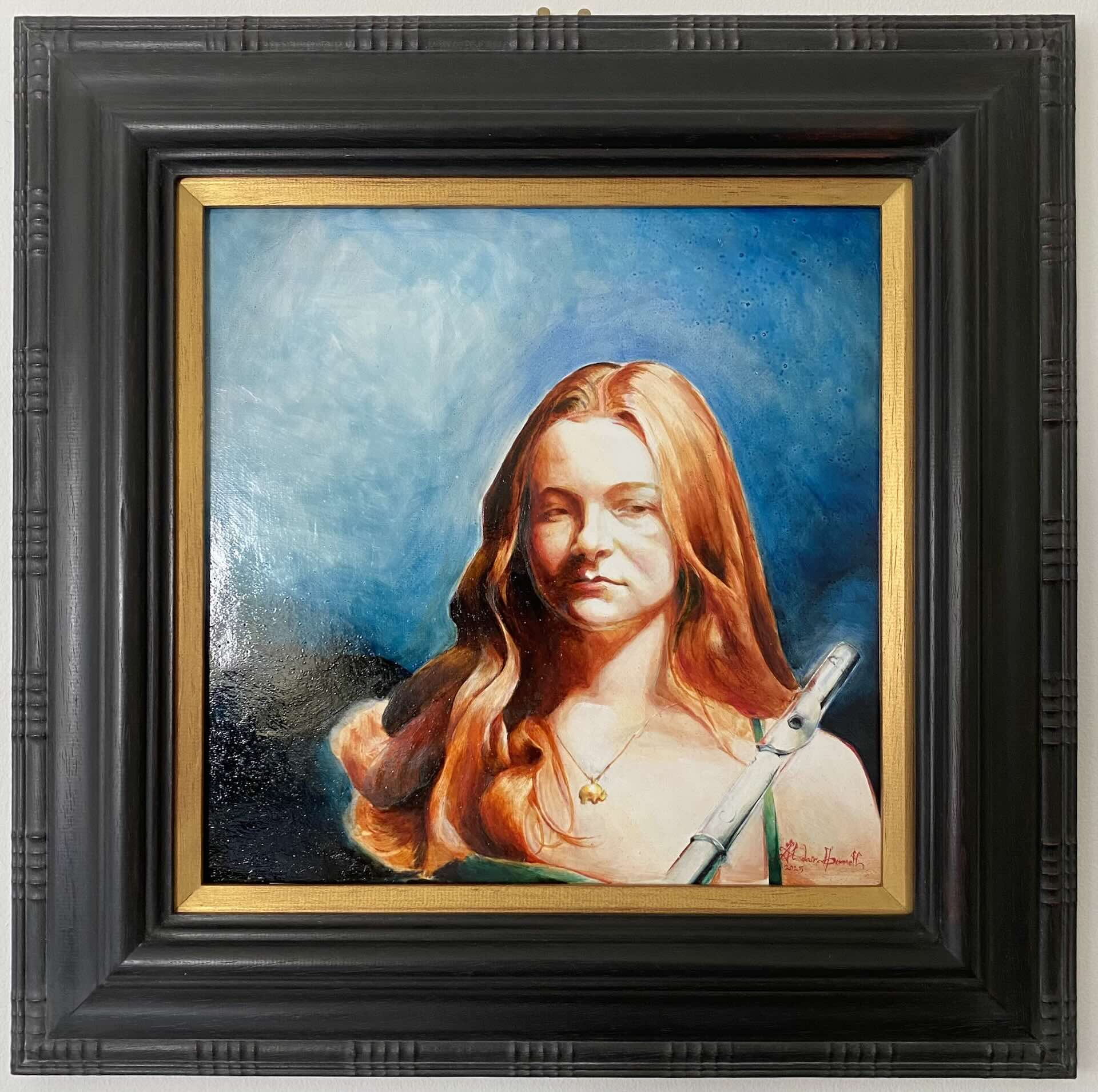 framed portrait of a girl holding a flute looking apprehensive 