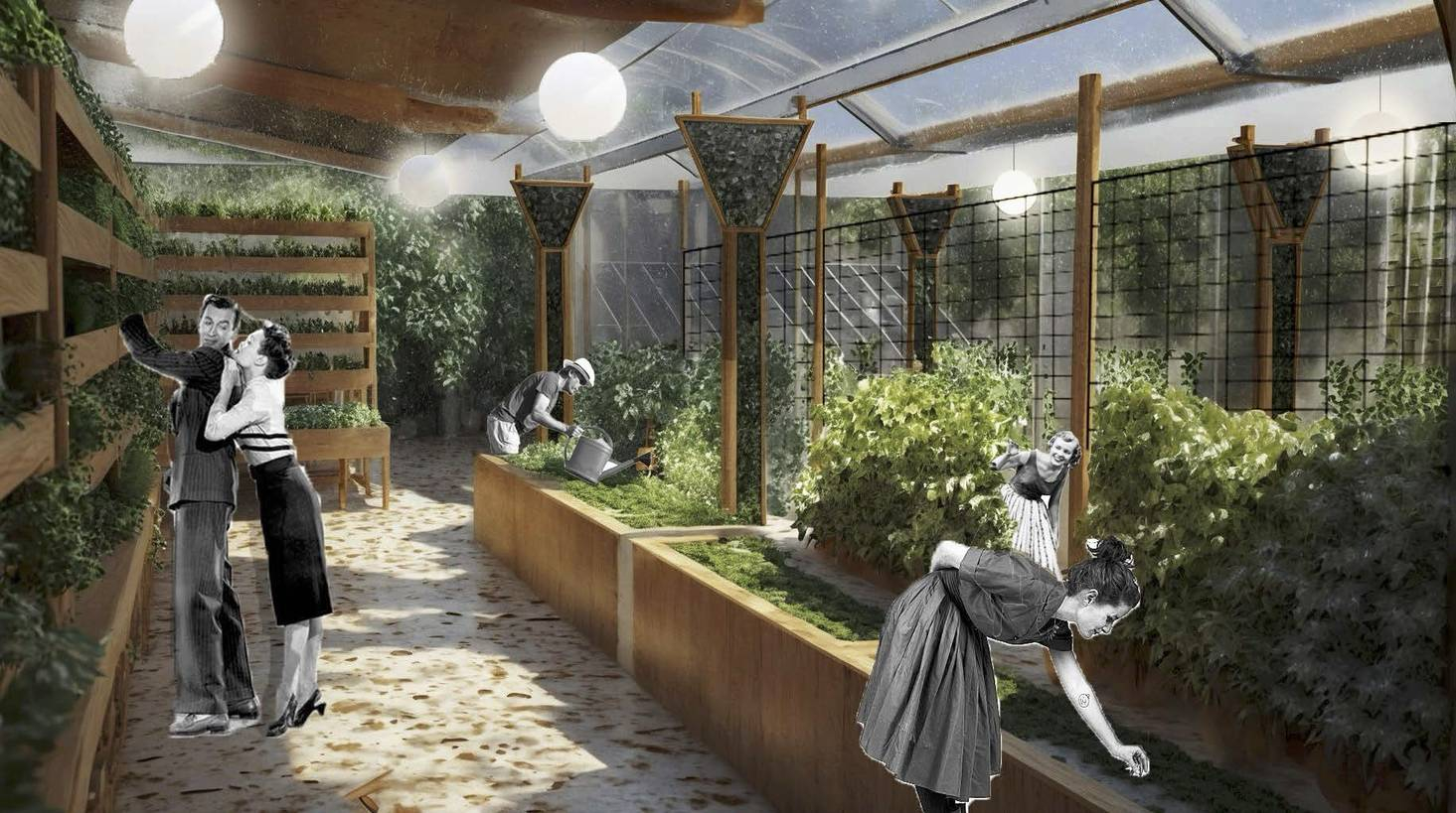 Interior render of first floor indoor growing space at Market Hub.