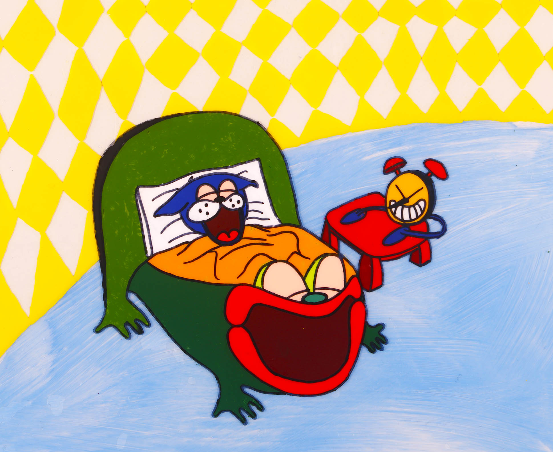 A cartoon animal lying in bed
