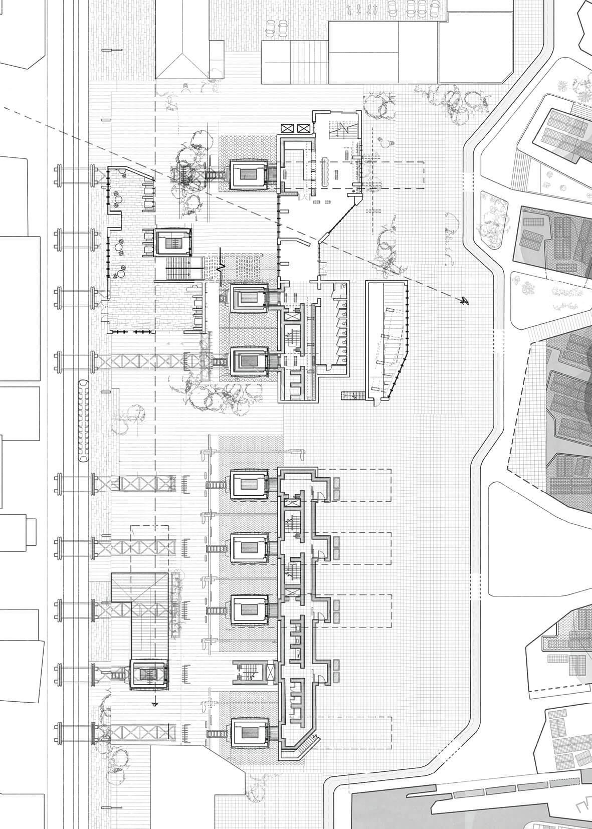 A technical line-drawn floorplan depicting a secure, concrete building core and lab space within a lighter timber structure. The southern half of the infrastructural scheme depicts a modular system of cooling towers supporting lab-based infrastructure. The northern half depicts streetside and waterside public educational facilities around a central plaza. 