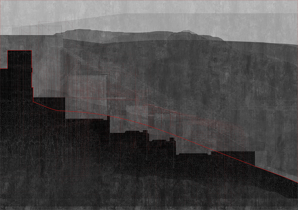 level and ground construction stretagy. [red line showing the original landform.