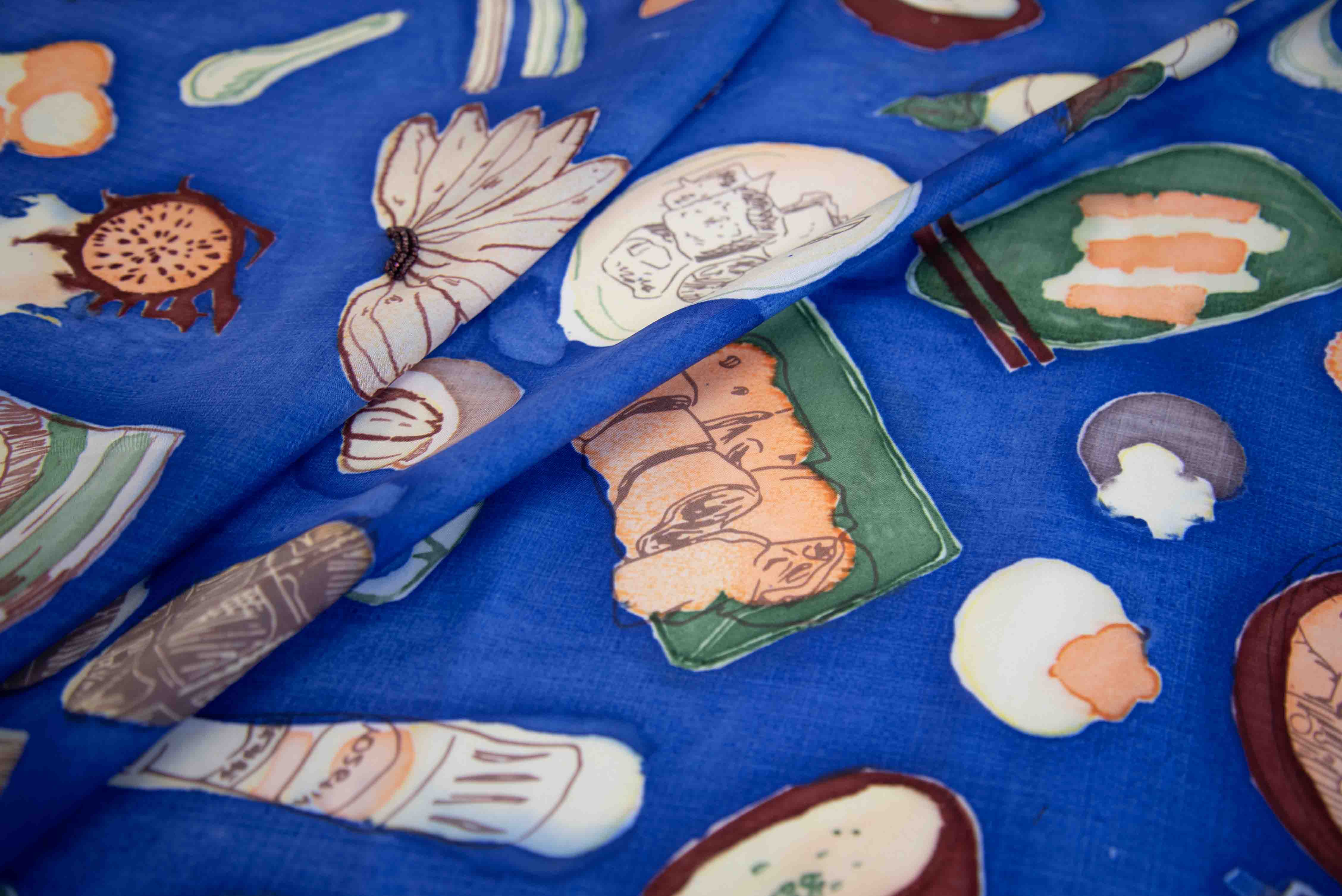 Image of silk scarf titled 'A Meal Shared, Luck Multiplied'