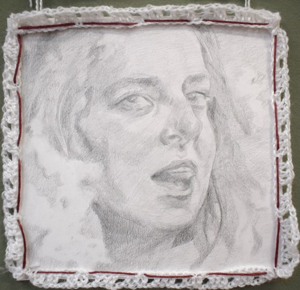 ‘A light, a touch, an itch’ paper triptych with crocheted edges, 9 x 12 inches, 2025