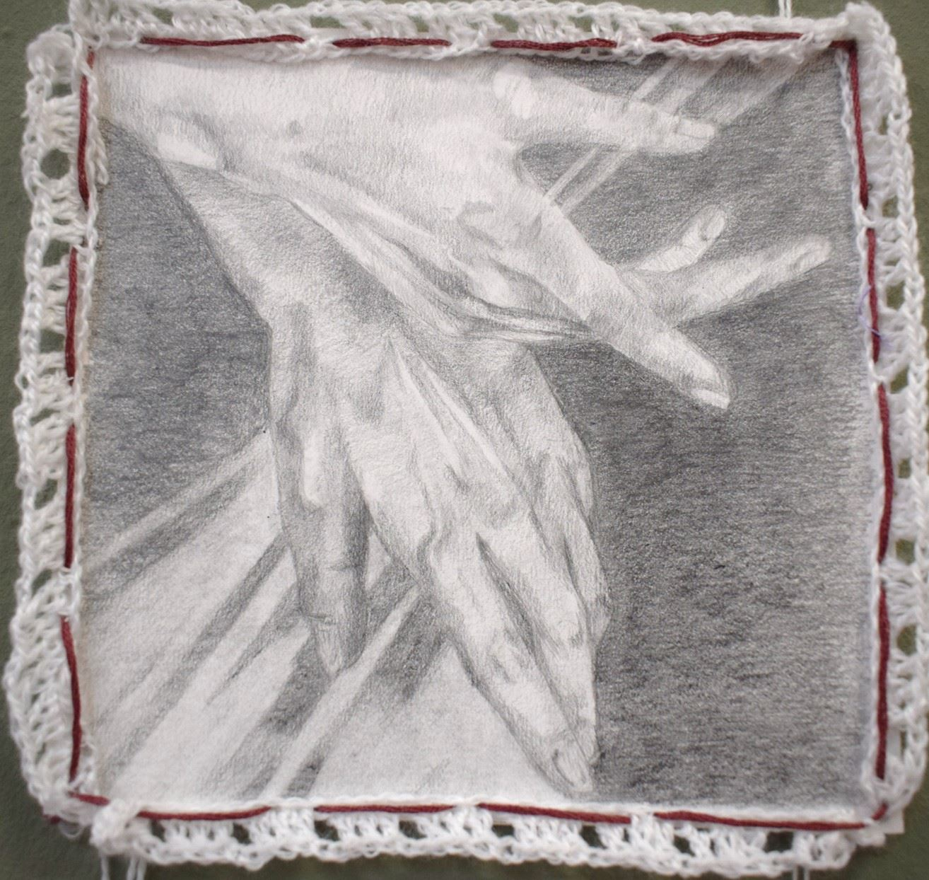 ‘A light, a touch, an itch’ paper triptych with crocheted edges, 9 x 12 inches, 2025