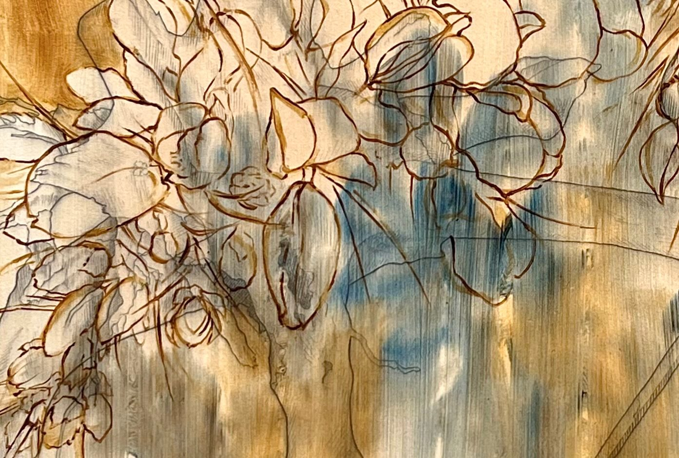 Detail photo of a painting featuring a collage of natural forms.