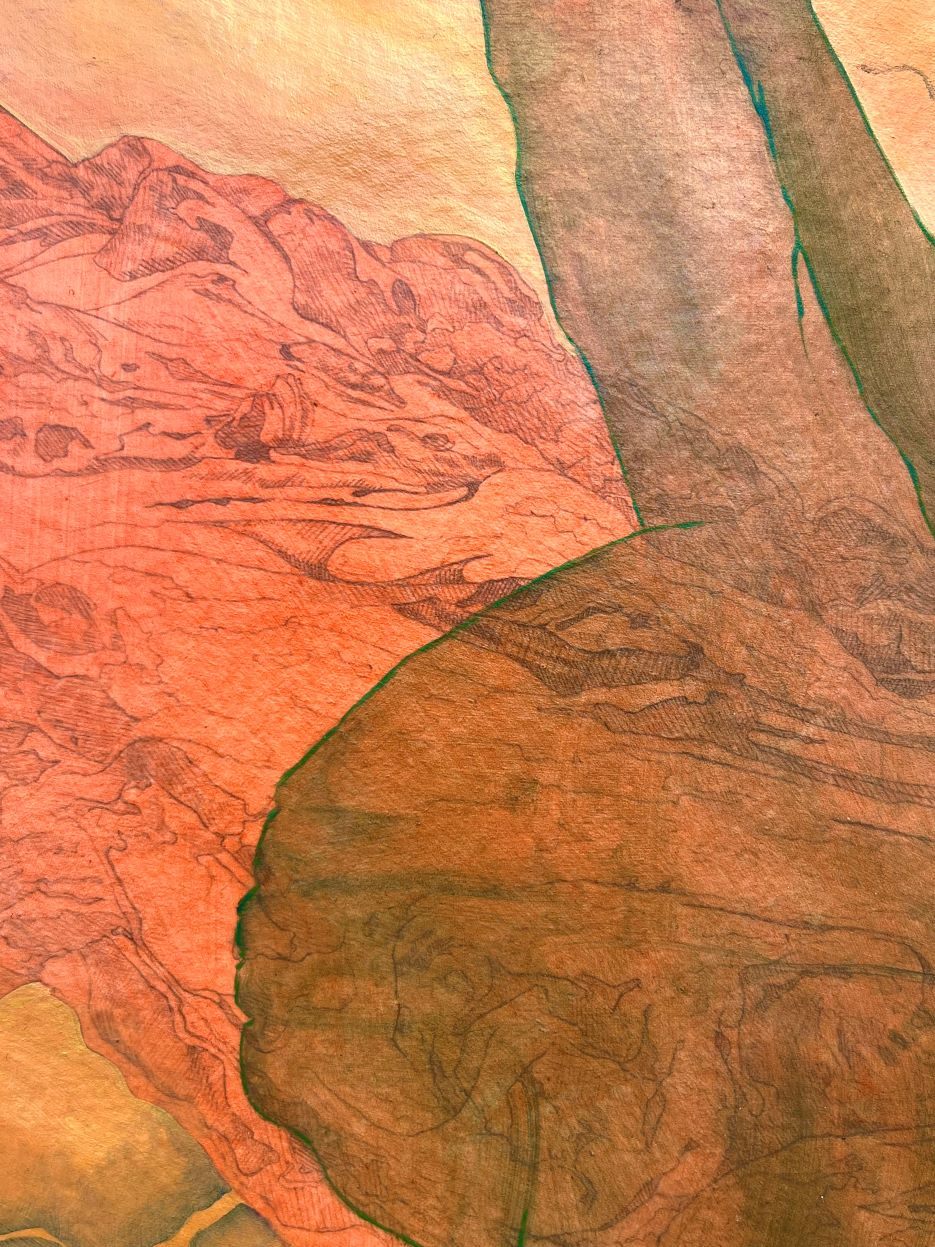 Detail photo of a painting featuring a collage of natural forms.