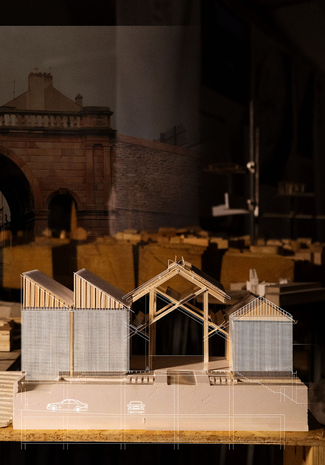 Photograph of the 1_100 Airc model with the 1_500 walled city model behind it.