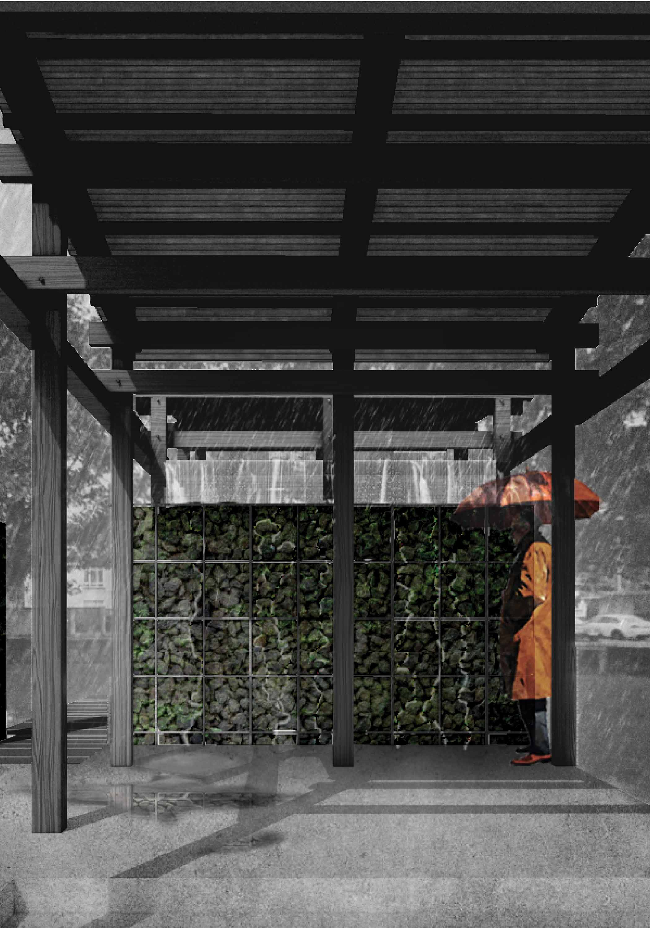 This render shows the water travelling down the gabian walls on a rainy day.