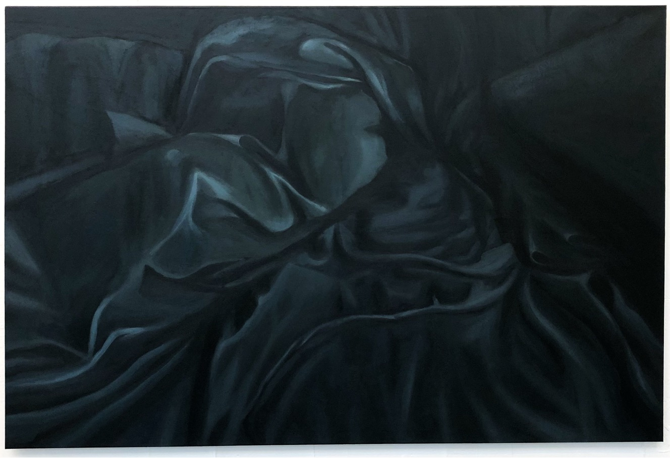 Painting of teal bedsheets and fabric