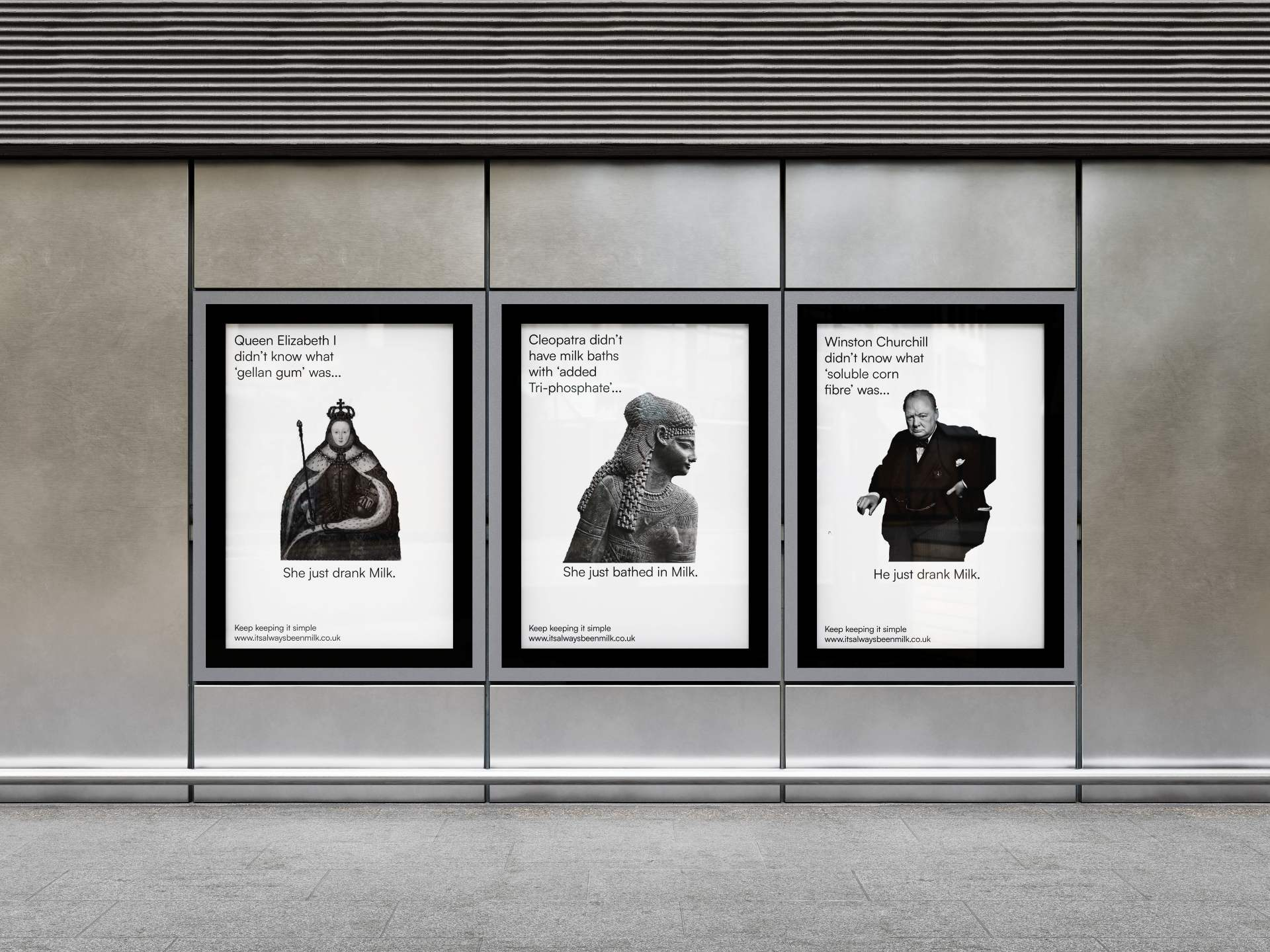 Poster mock up showing 3 historical figures, explaining that they didnt know what an added ingredient form alt milk was and just drank regular milk instead