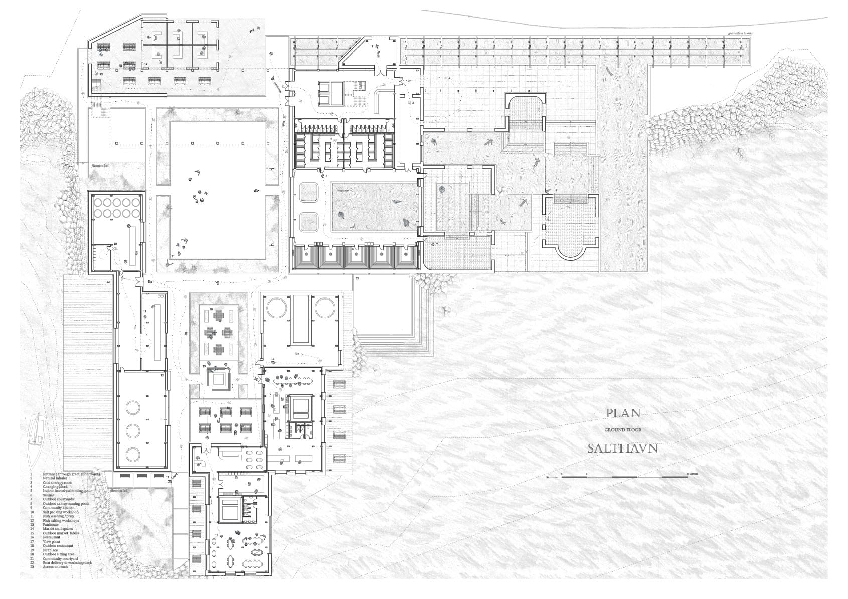 A plan of the ground floor, showing the programme and routes through the building.