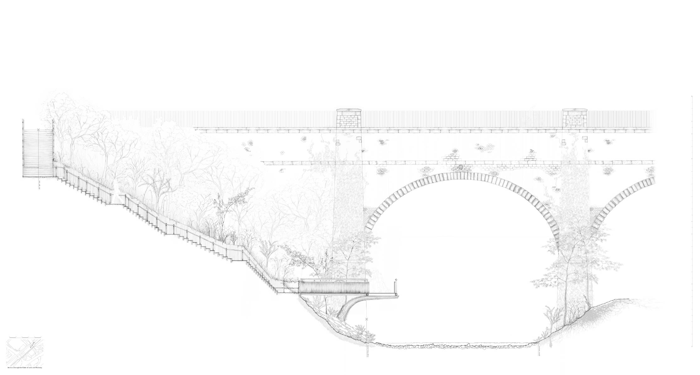 large section of the land / water edges of Water of Leith by Slateford Aqueduct