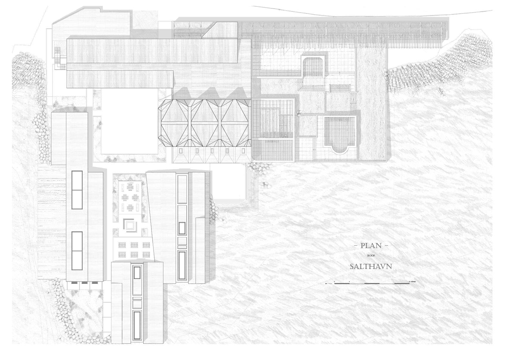 Roof plan showing the folded roof structures and spaces between buildings - courtyards, gaps and passages.