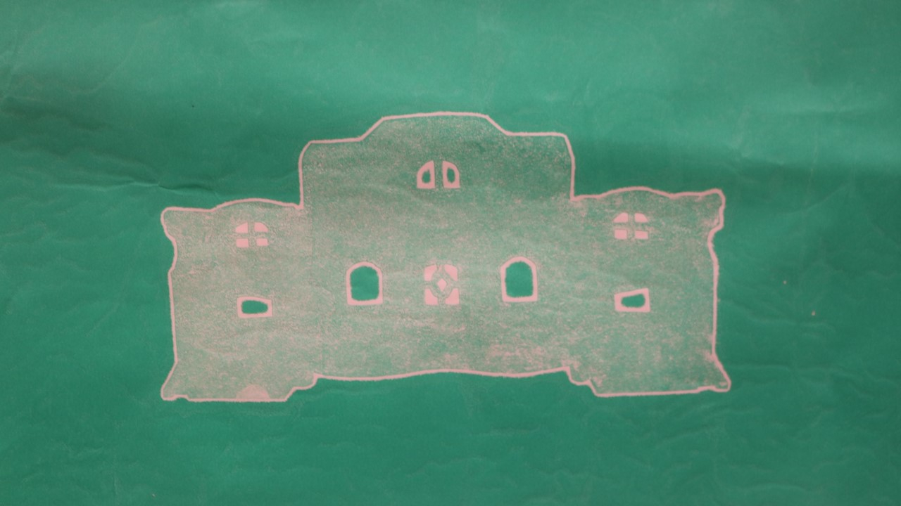 Monoprint of a house with a turquoise background