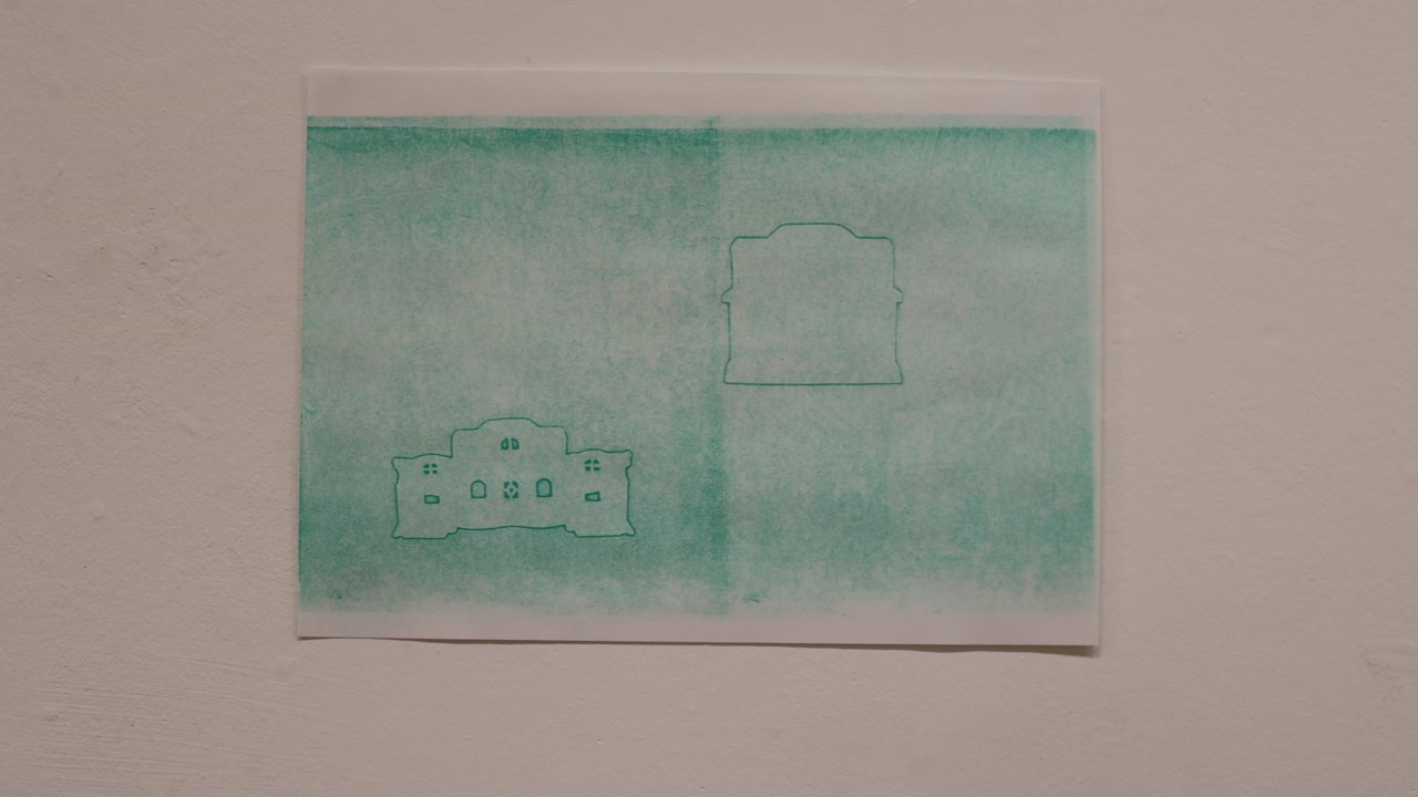 Monoprint of a house with a turquoise ink