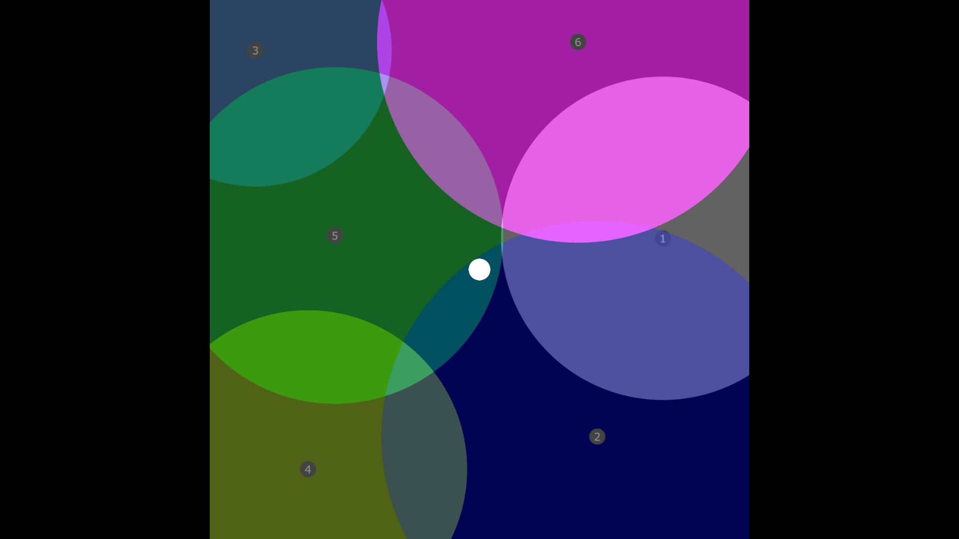 Six coloured dots with a white dot in the middle