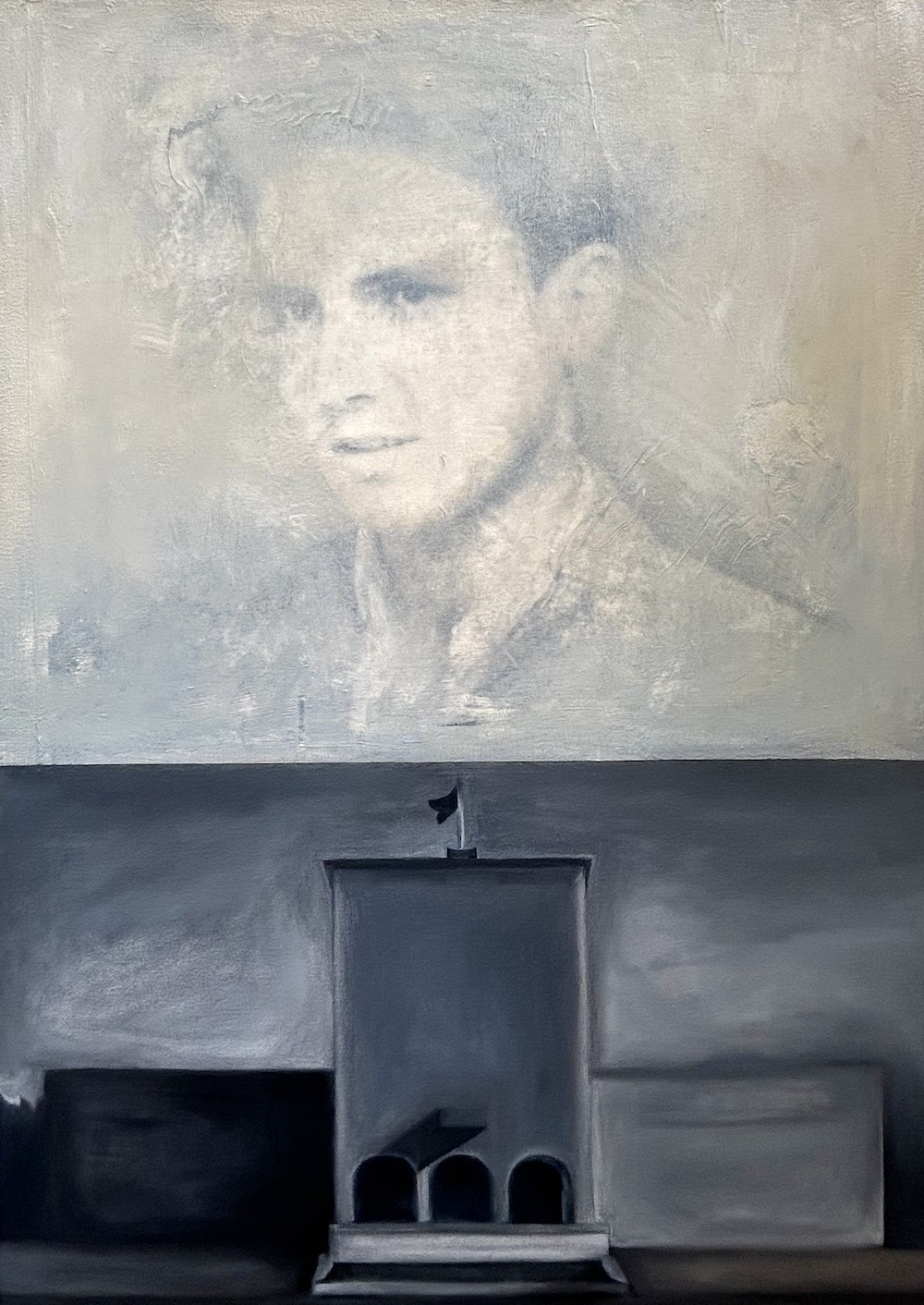 Split-screen composition: the top half depicts an image of my grandfather; the bottom half shows a building, painted in a muted, monochromatic palette. 