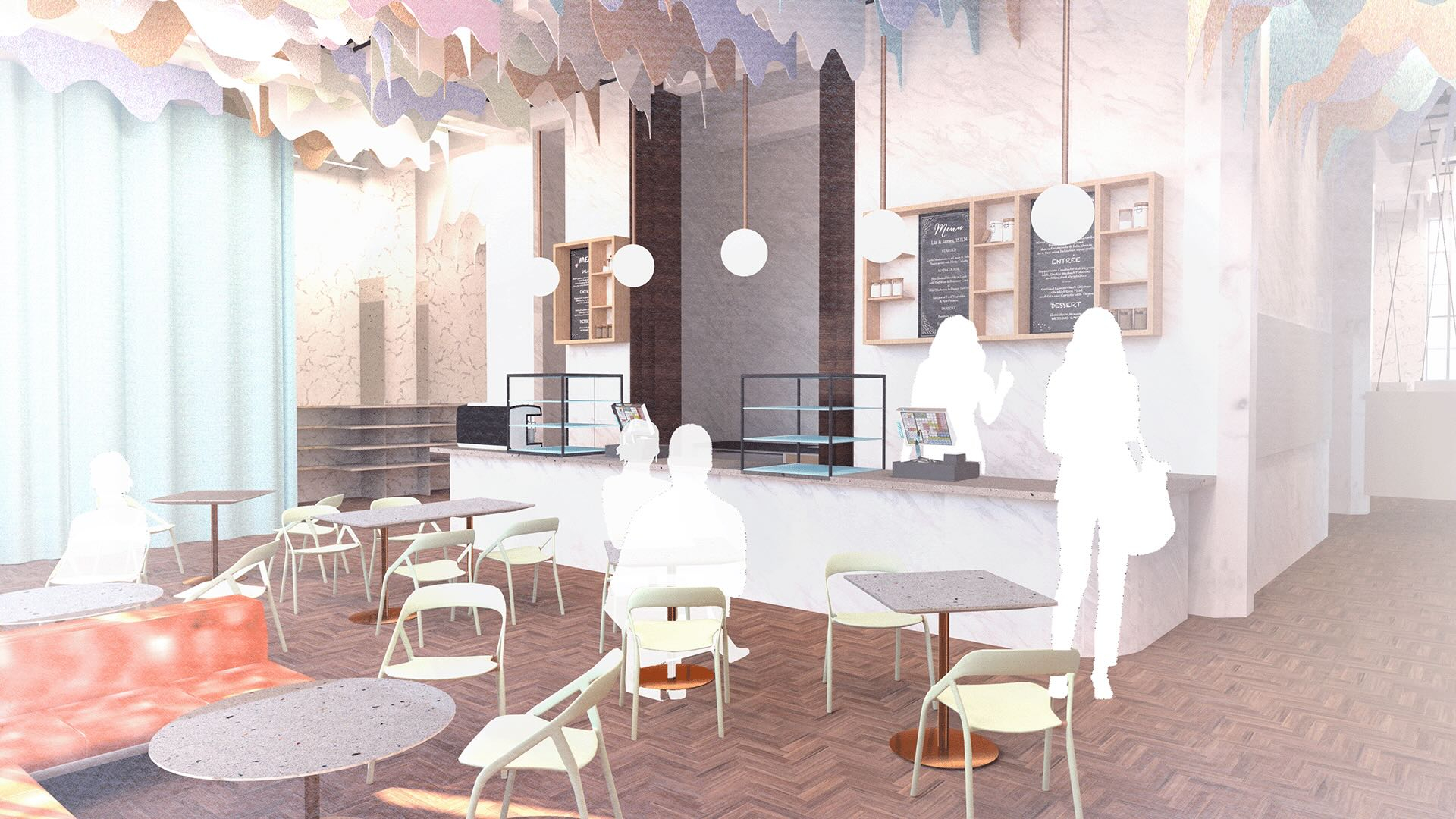 Rendered visual of cafe / events space