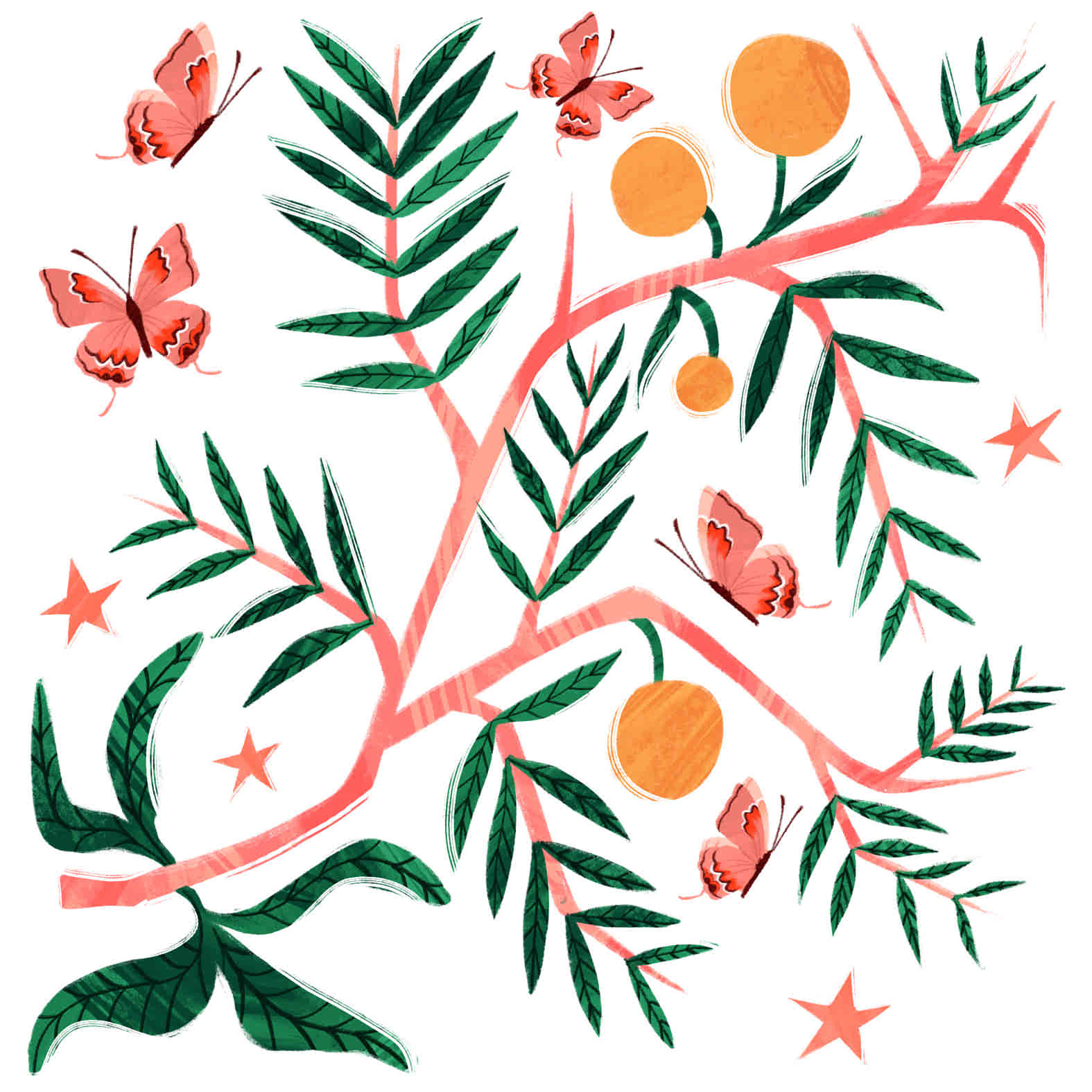 A decorative square tile featuring an illustrated acacia plant & 5 butterflies