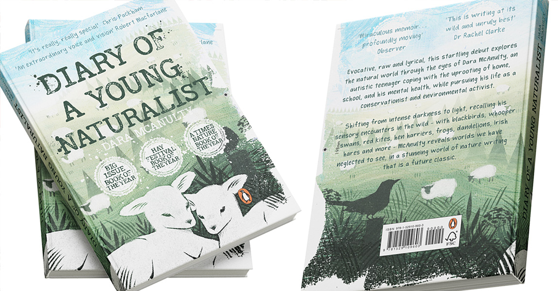 The front and back cover of the book "Diary of a Young Naturalist", illustrated with country hills and sheep