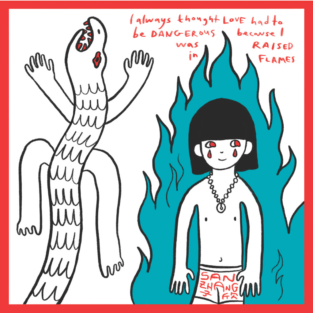 Illustration of snake with limbs and child in flames