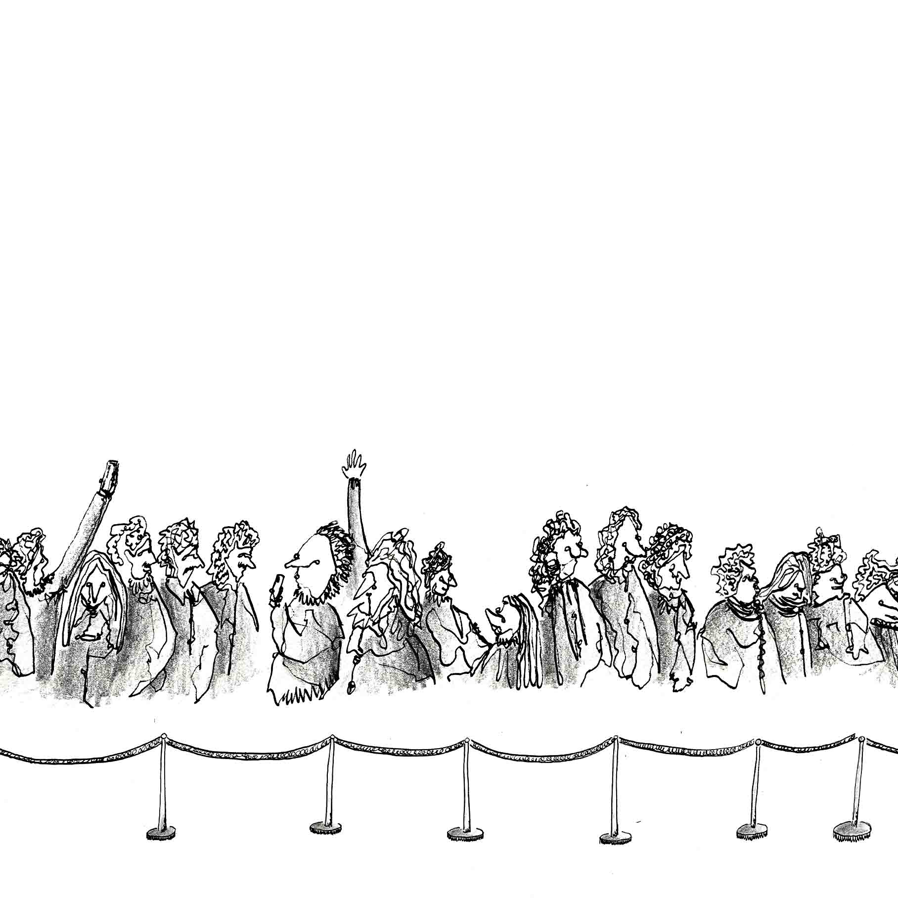 The Queue; a long line of people queuing drawn with black ink and shaded in with graphite. 1 of 6.