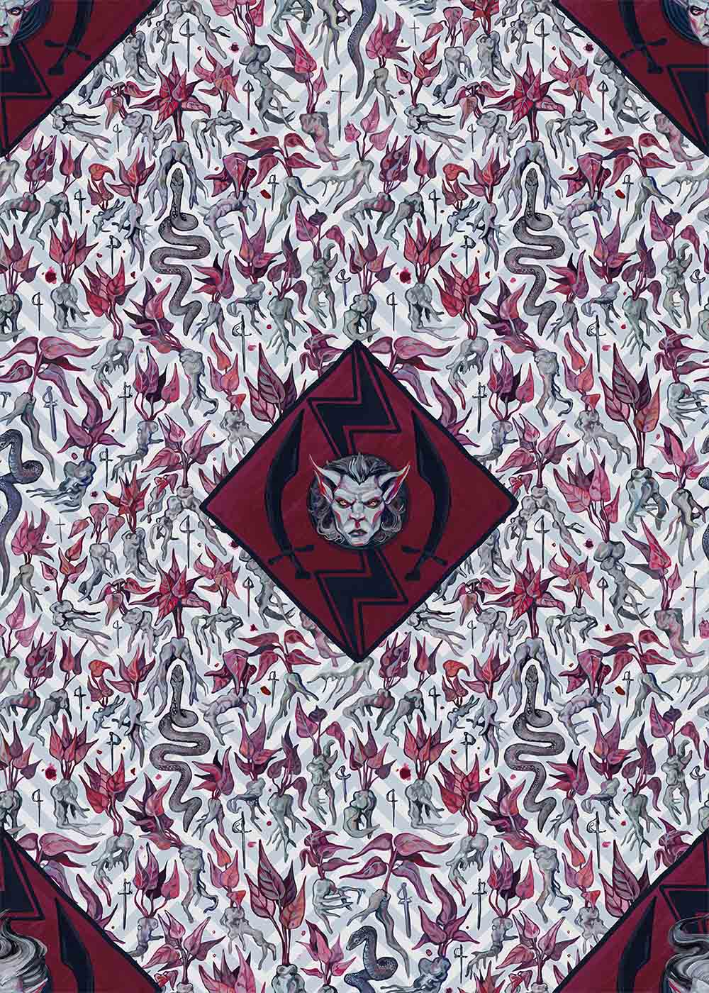 Pattern with snakes, mandrakes and monster head motif.