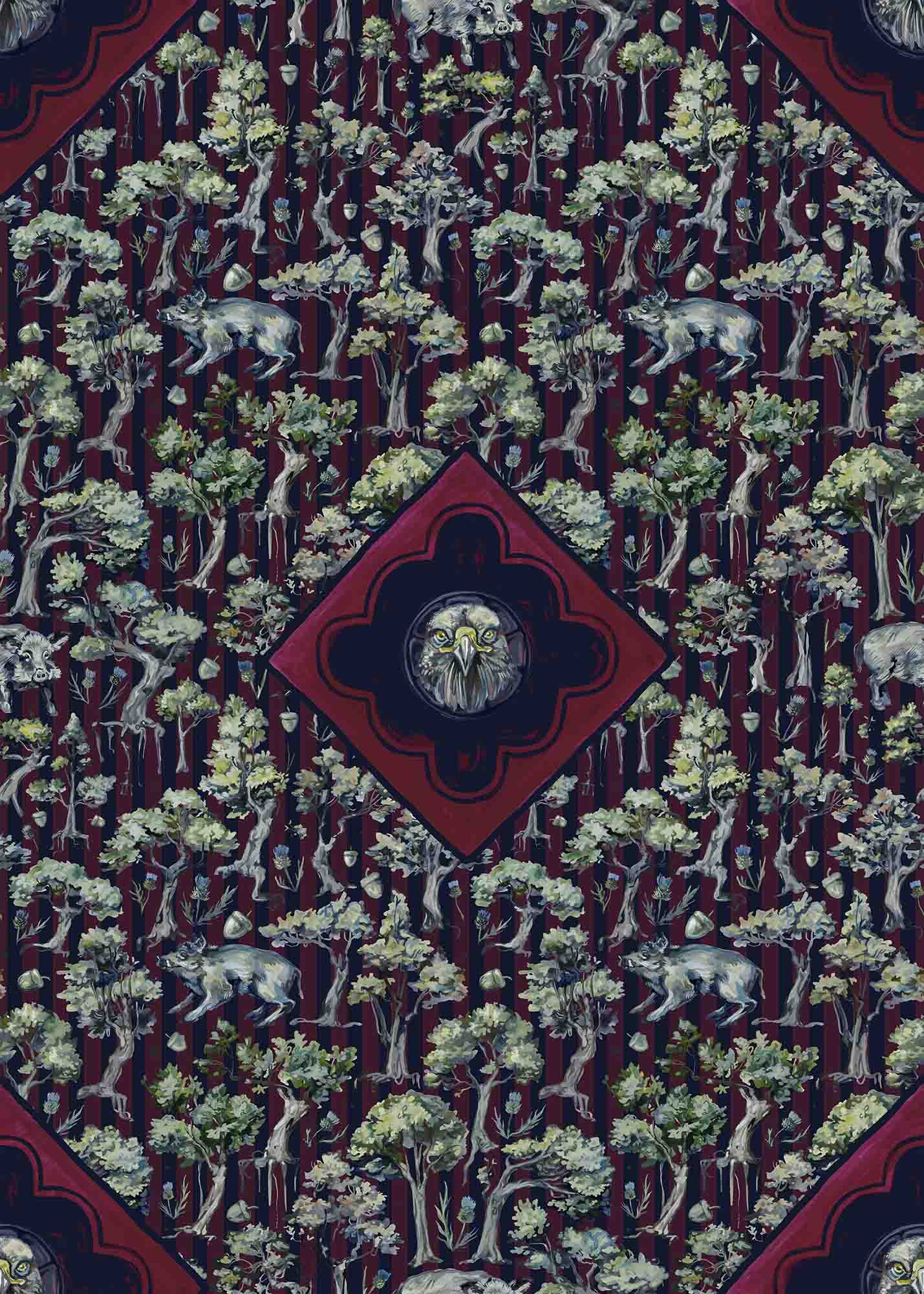 Pattern with boars, oak tress and eagle head motif.