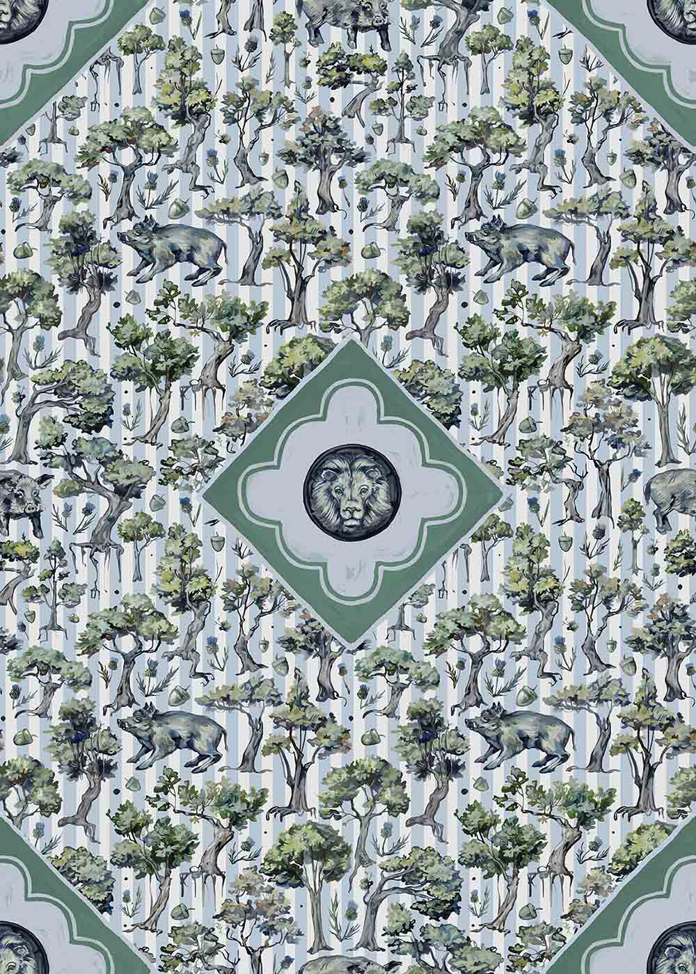 Pattern with boars, oak tress and lion head motif.