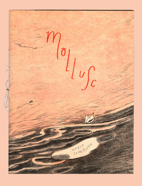 Frontcover of risoprinted comic, a wave on the shore, orange sand, title says mollusc 