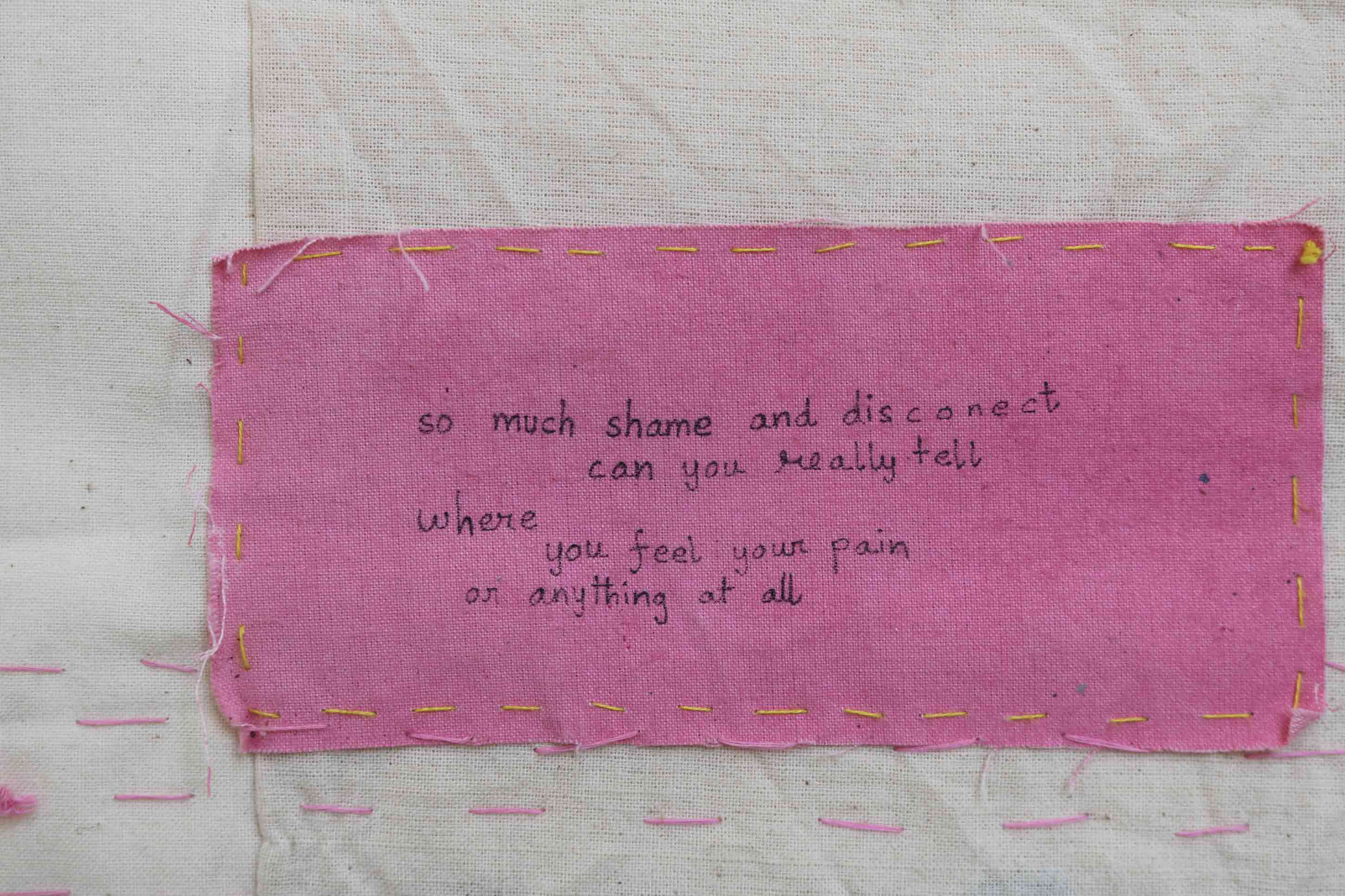 Close up image of Quilt, 'Kantha of Healing' , hand written text on a piece of fabric stitched onto the quilt. 'So much shame and disconnect can you really tell where  you feel your pain or anything at all'