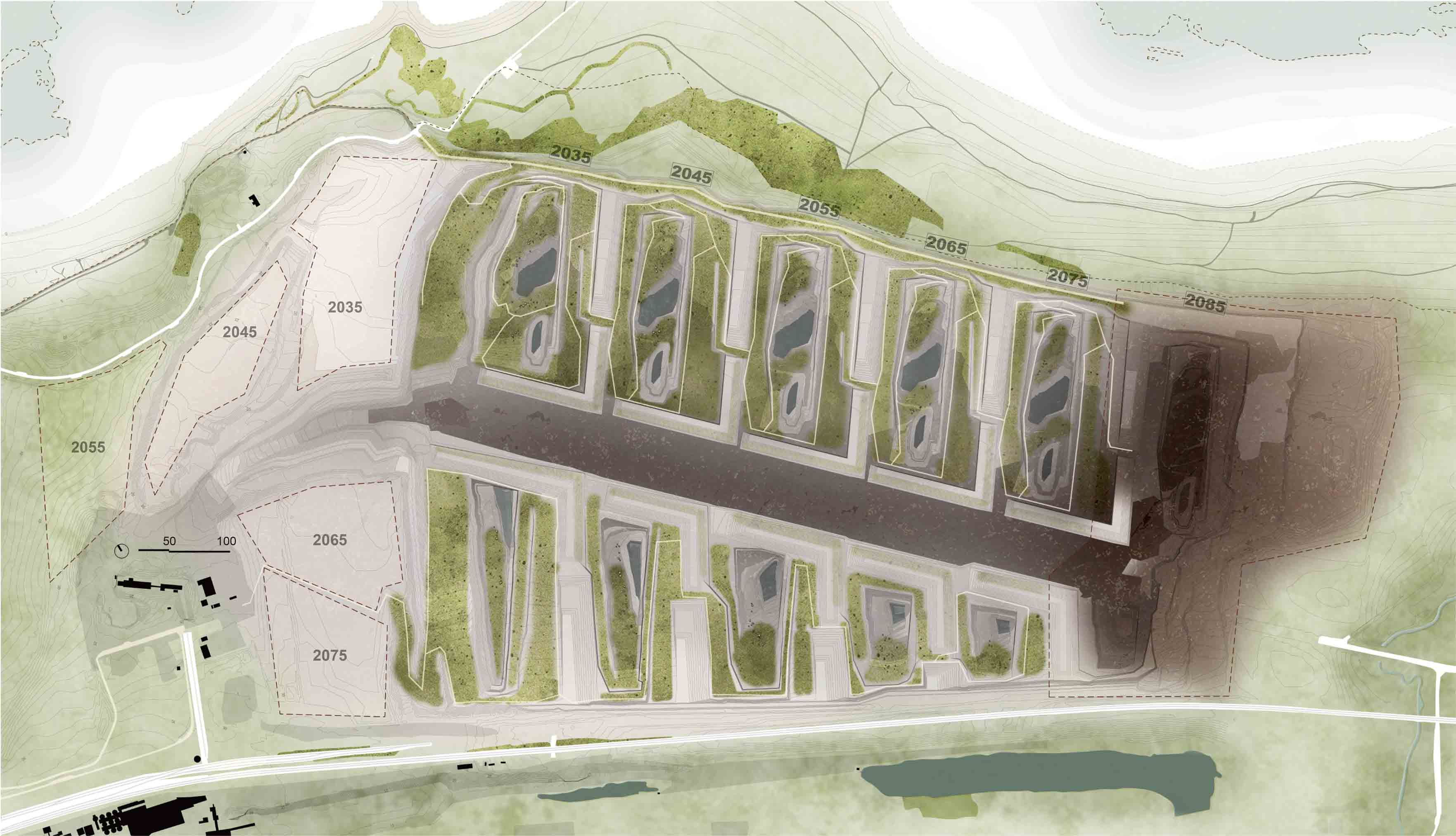 By 2075, as quarry operations cease, the site will no longer be a scar, but a growing mosaic of cliffs, terraces, and wetlands, creating a model for integrating post-industrial landforms into biodiversity planning.
