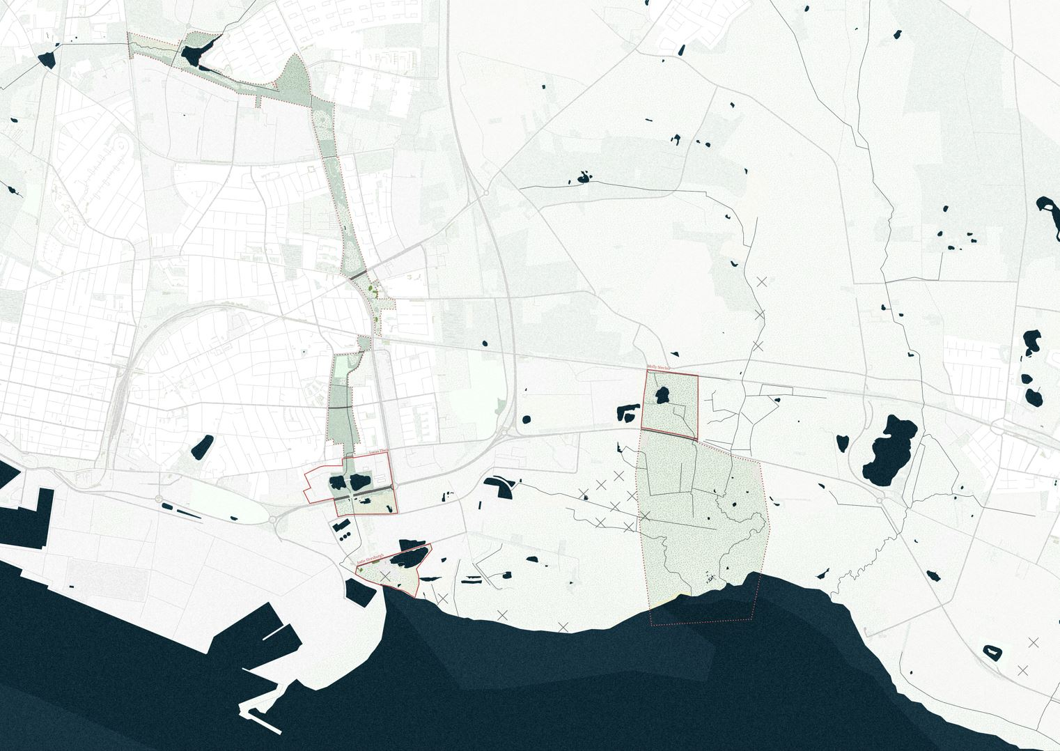 Map of Esbjerg's South Edge with proposed sites outlined