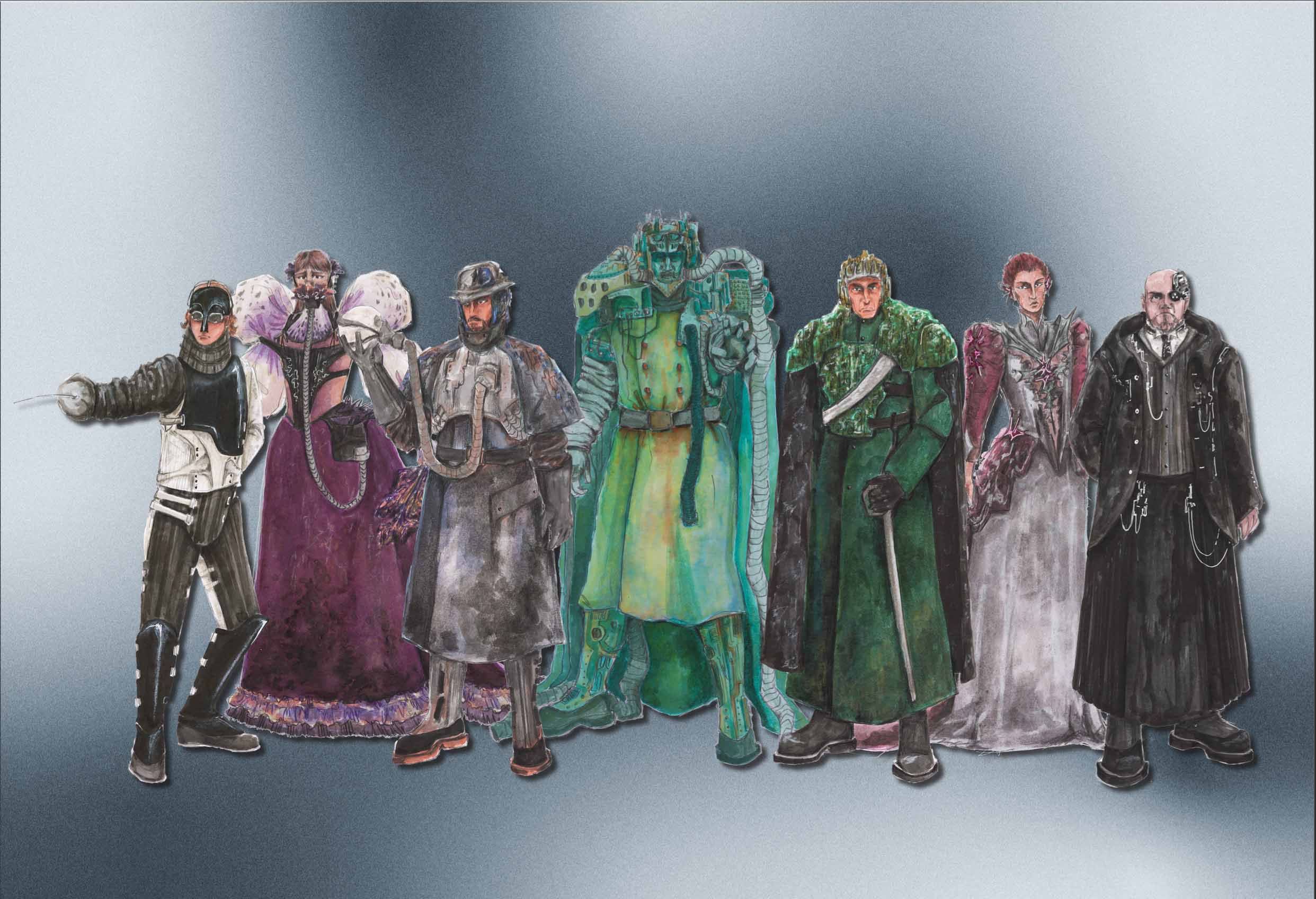 A line-up of Hamlet characters.