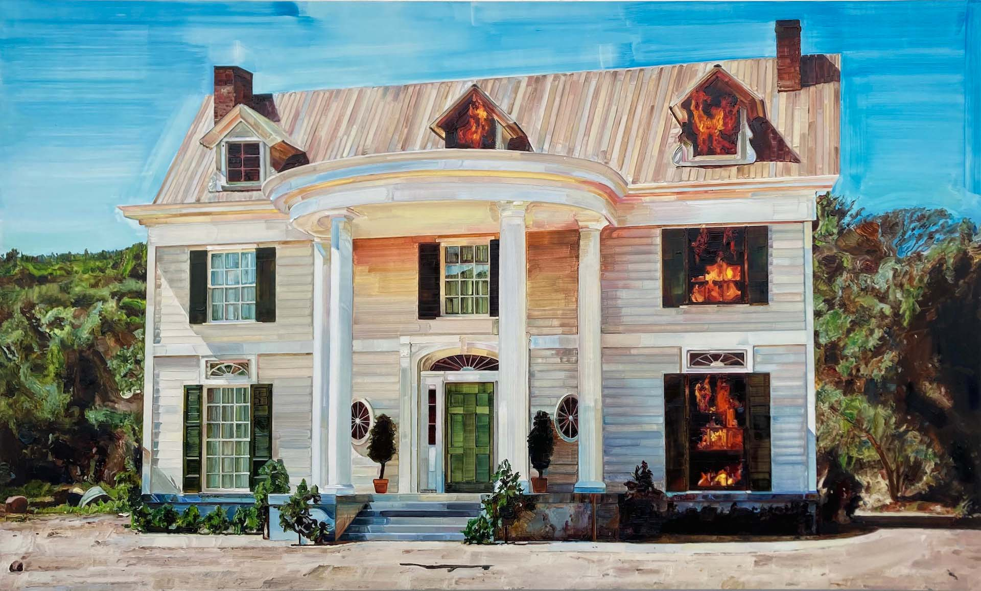 A painting of a film set house on fire against a cyan sky